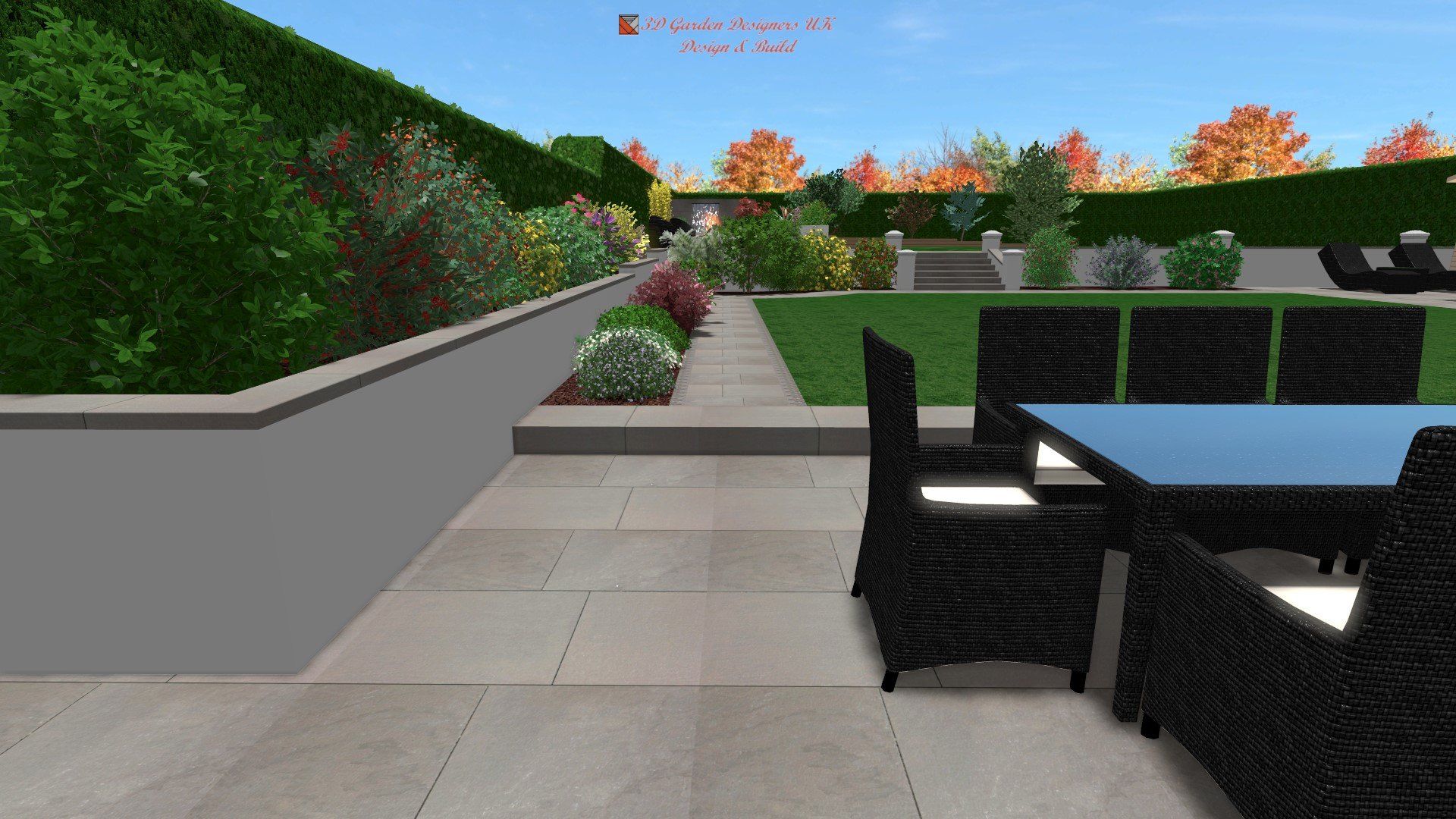 A computer generated image of a patio with a table and chairs