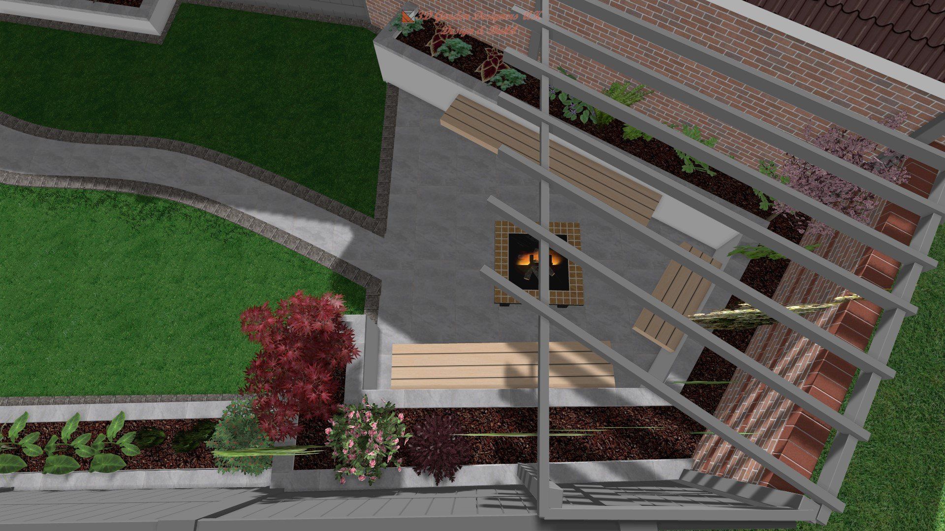 An aerial view of a garden with a brick building in the background.