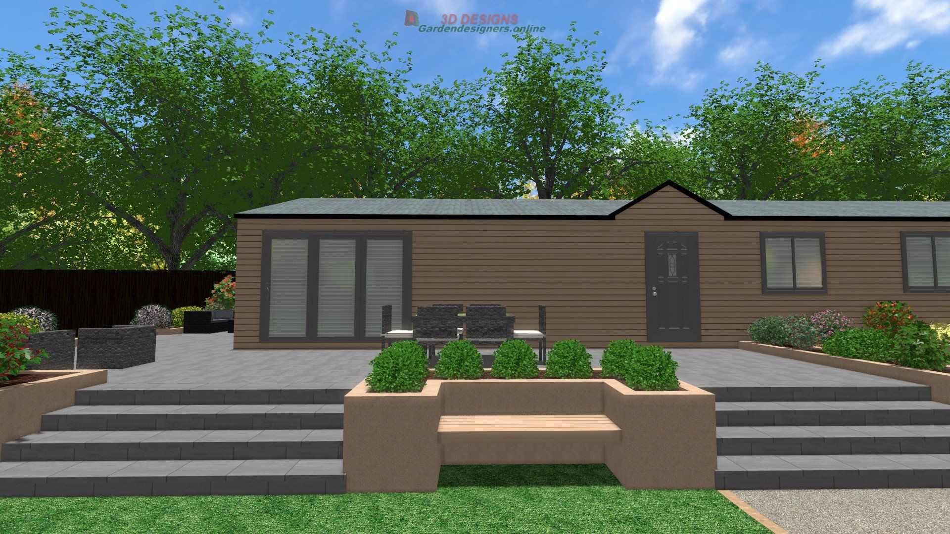 A computer generated image of a house with a patio and stairs.