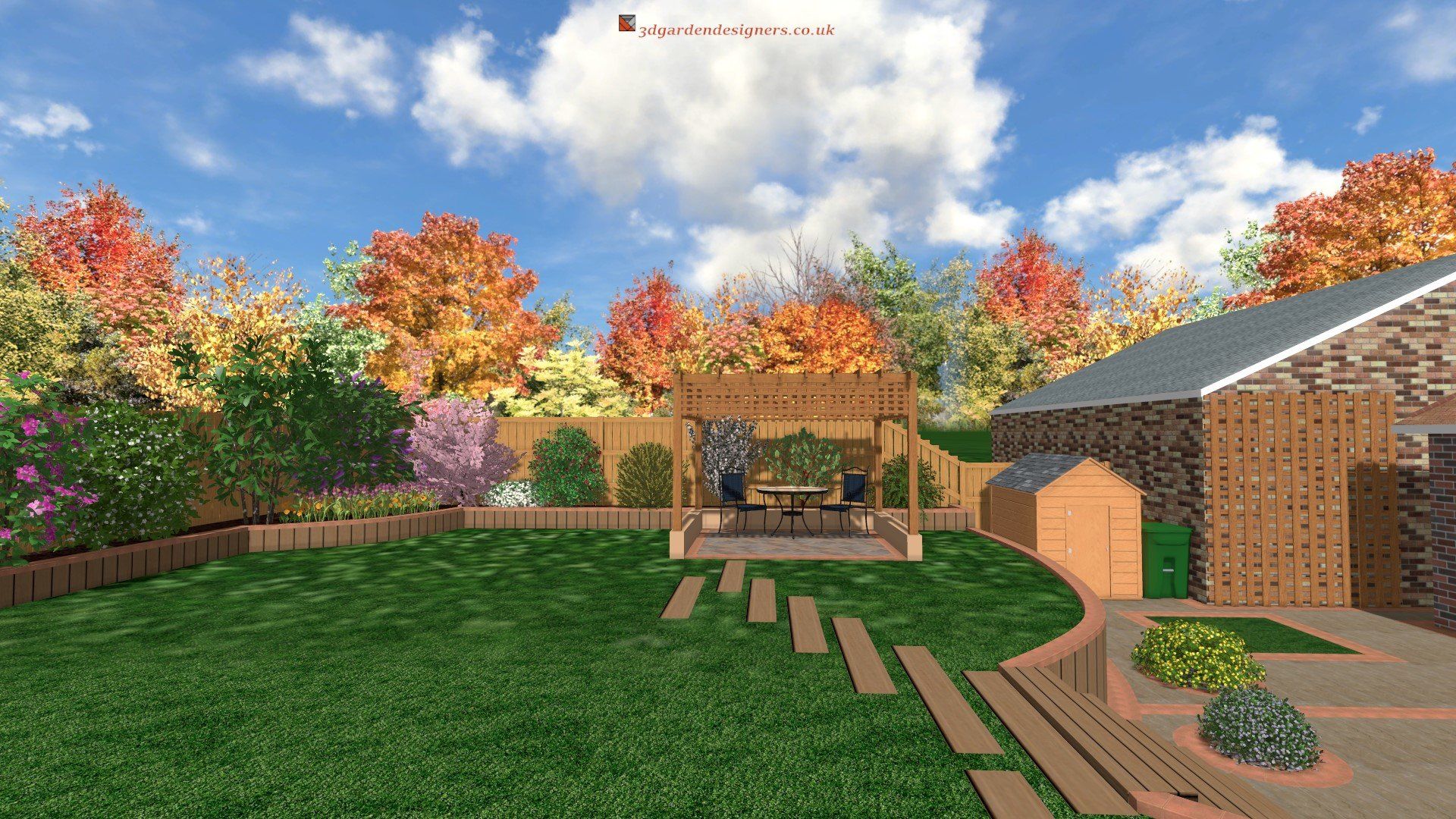 A computer generated image of a backyard with a house and a patio.