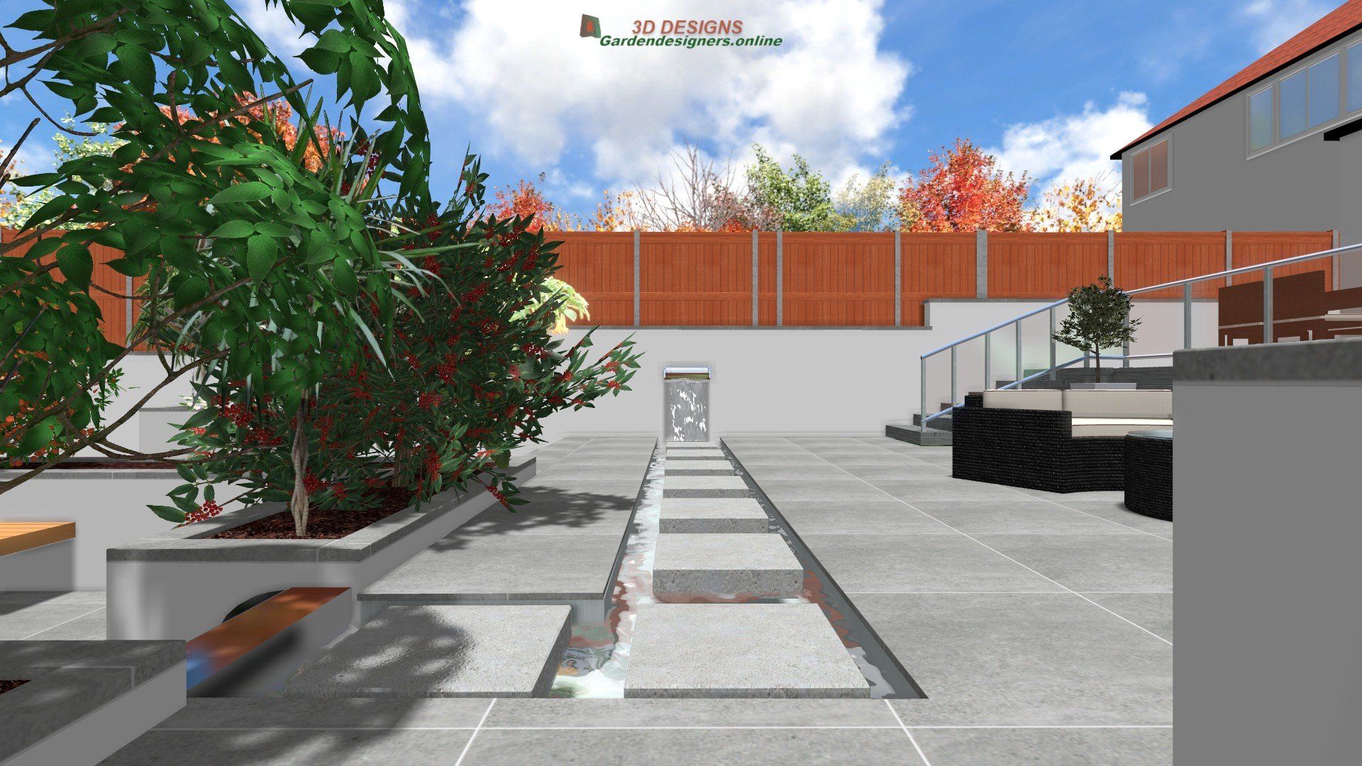 A computer generated image of a backyard with a fence and trees