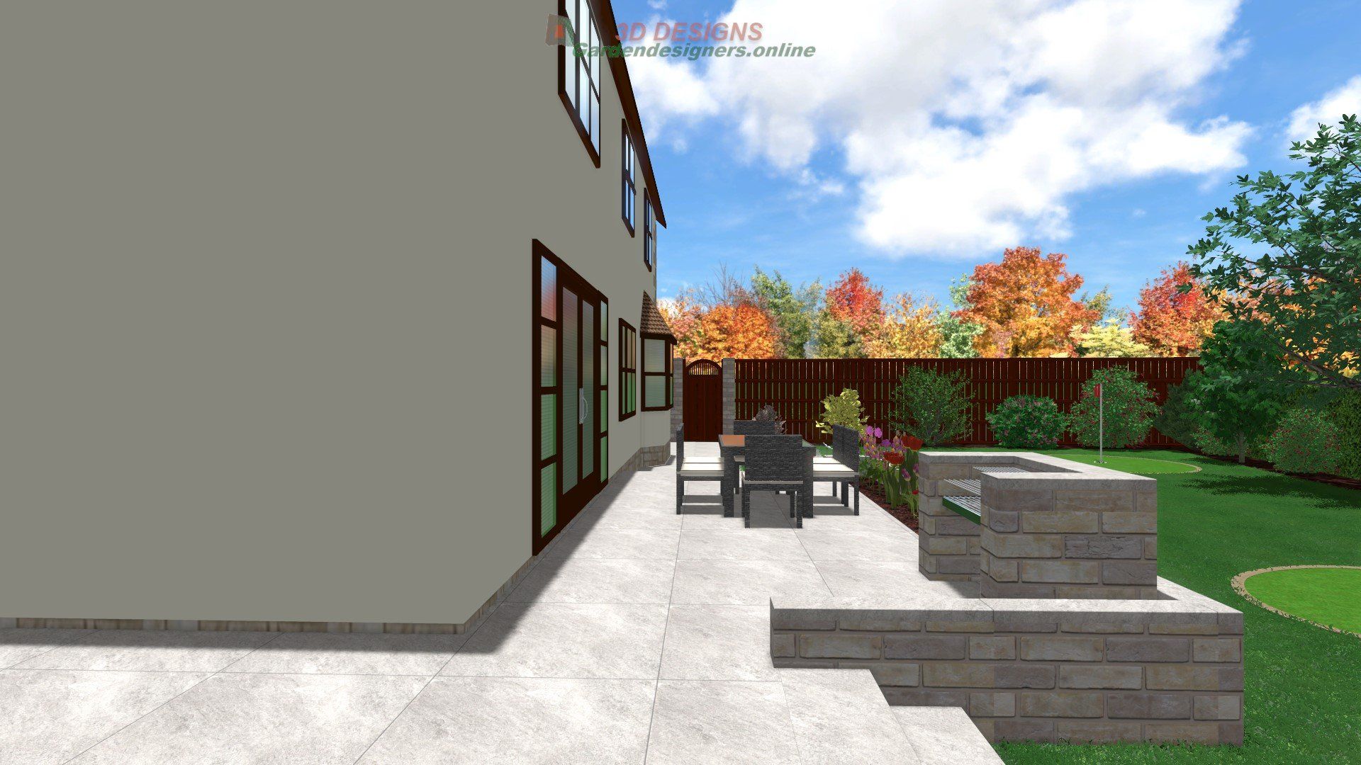 A computer generated image of a backyard with a table and chairs