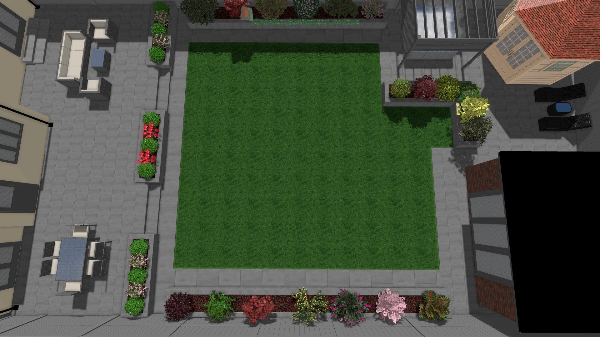 An aerial view of a backyard with a large lawn