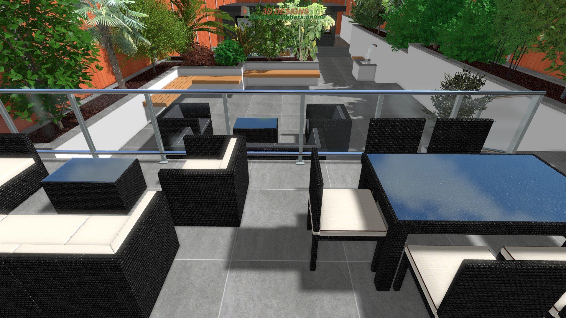 A computer generated image of a balcony with a table and chairs.