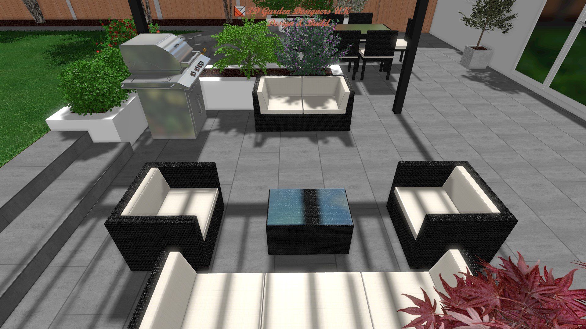 A computer generated image of a patio with furniture and a grill.