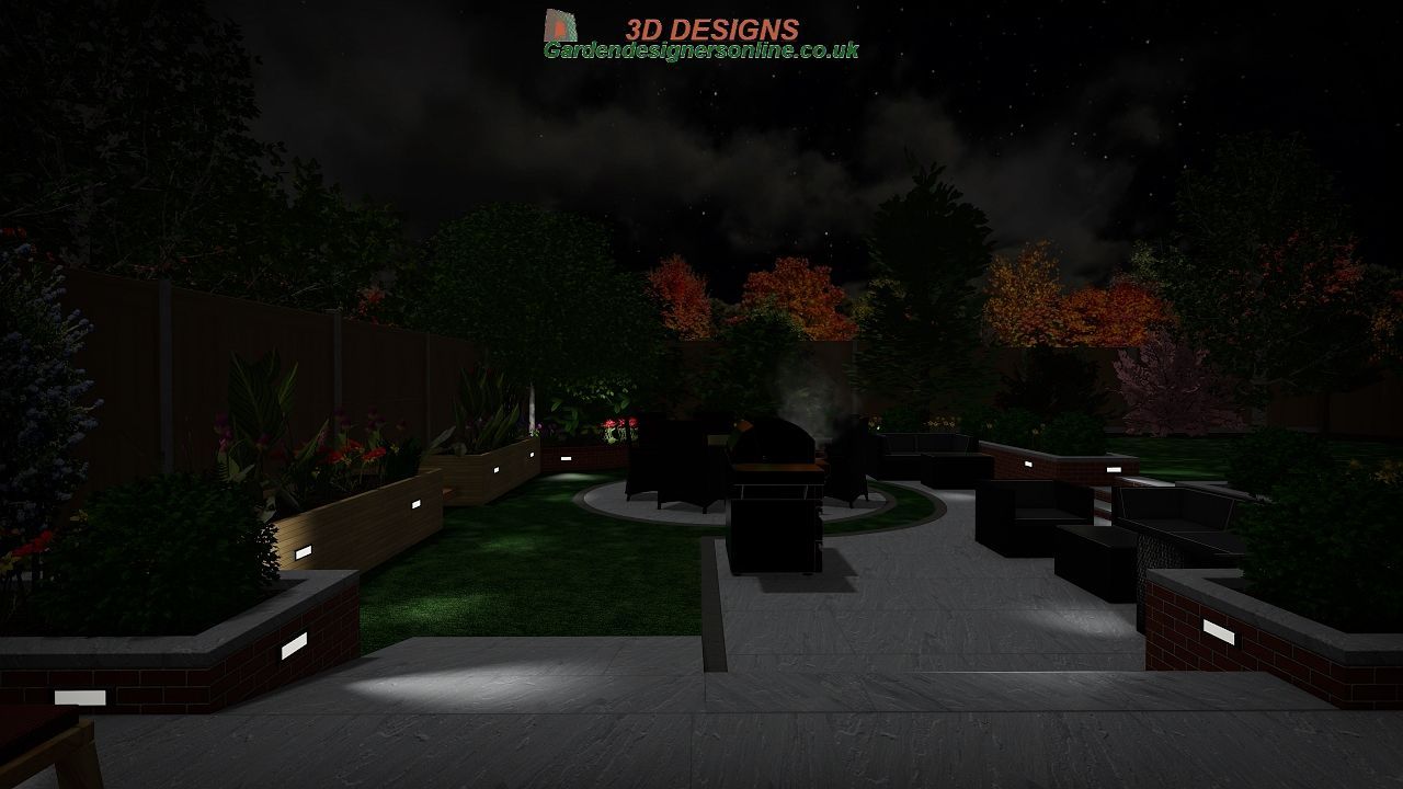 A computer generated image of a garden at night