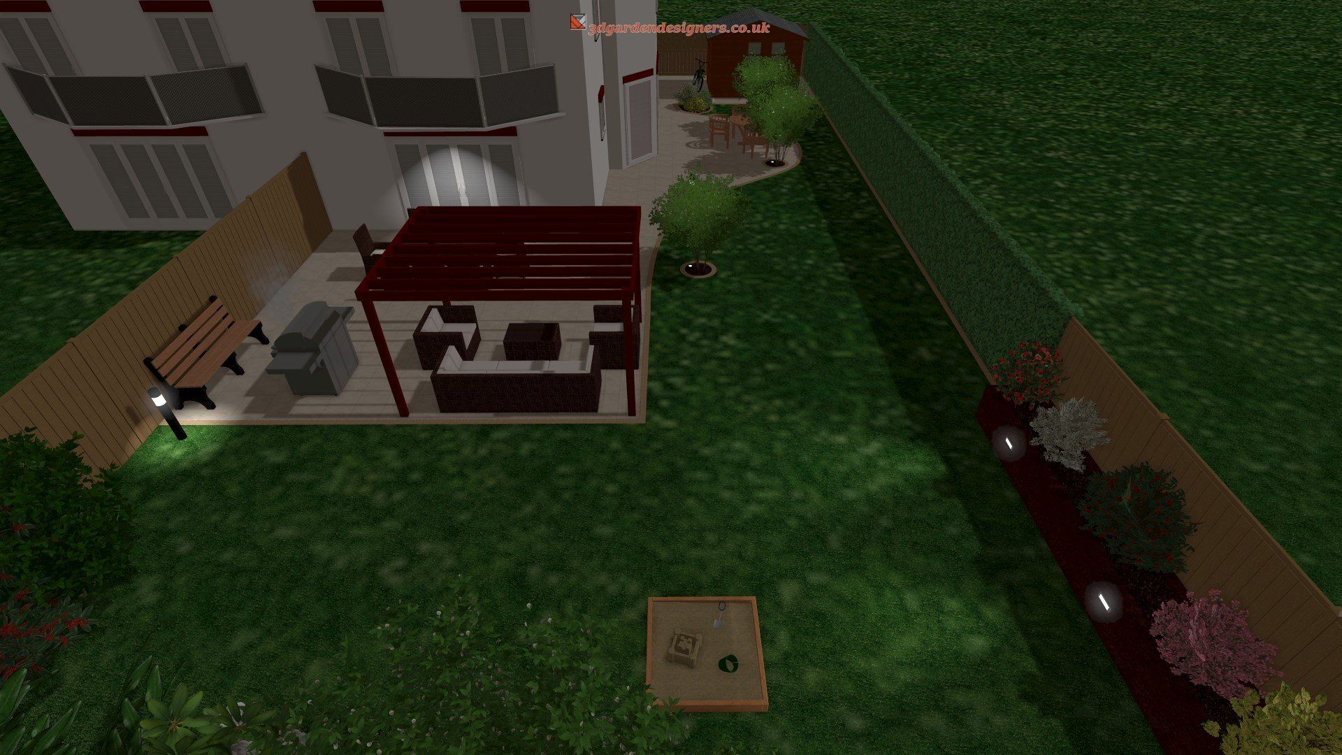 A computer generated image of a house with a patio in the backyard.