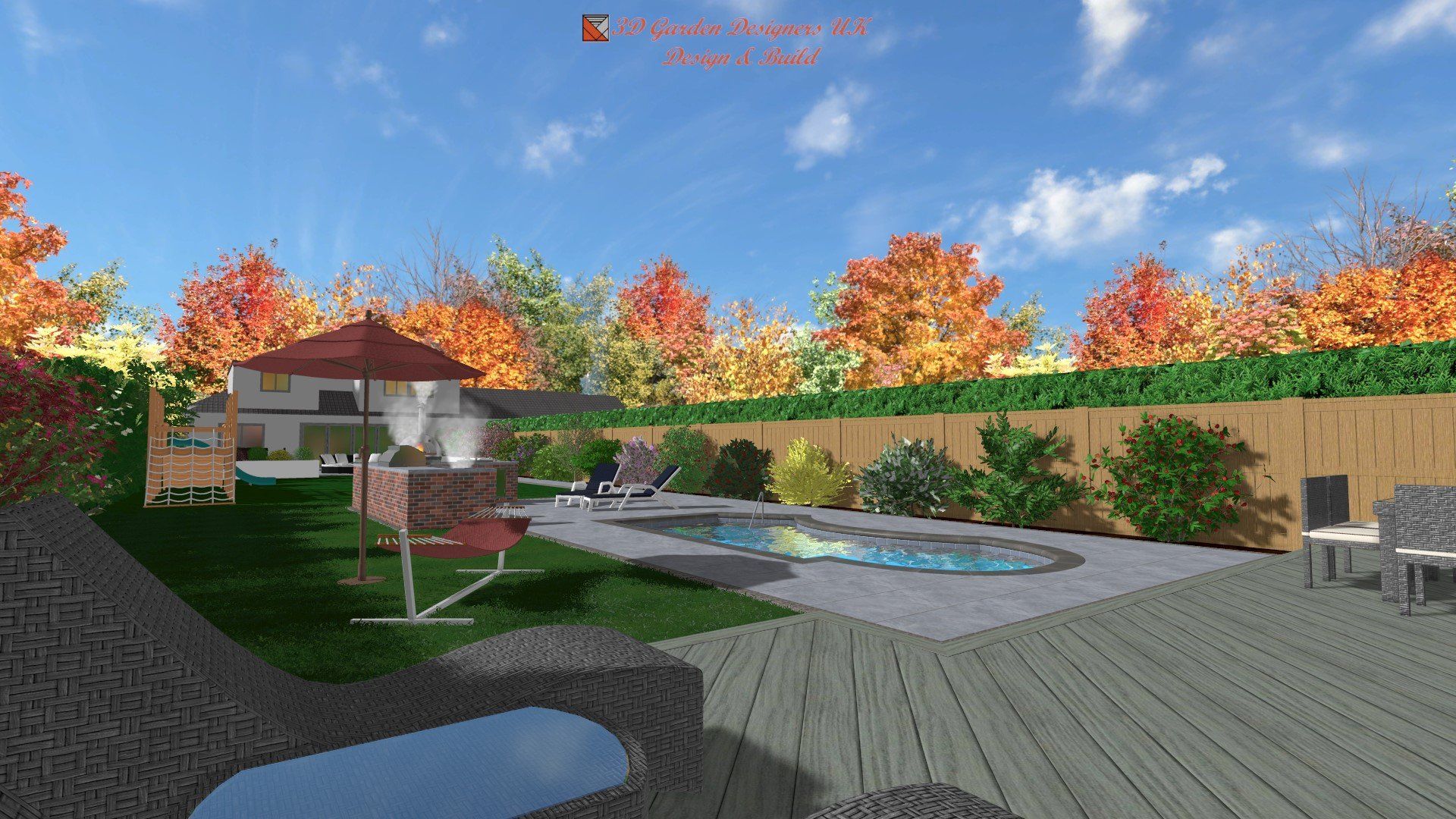 A computer generated image of a backyard with a pool and a house in the background.