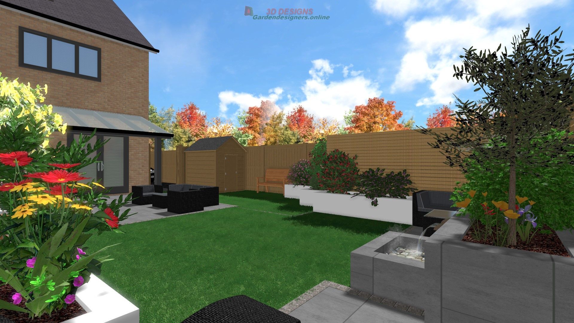 A computer generated image of a backyard with a house in the background