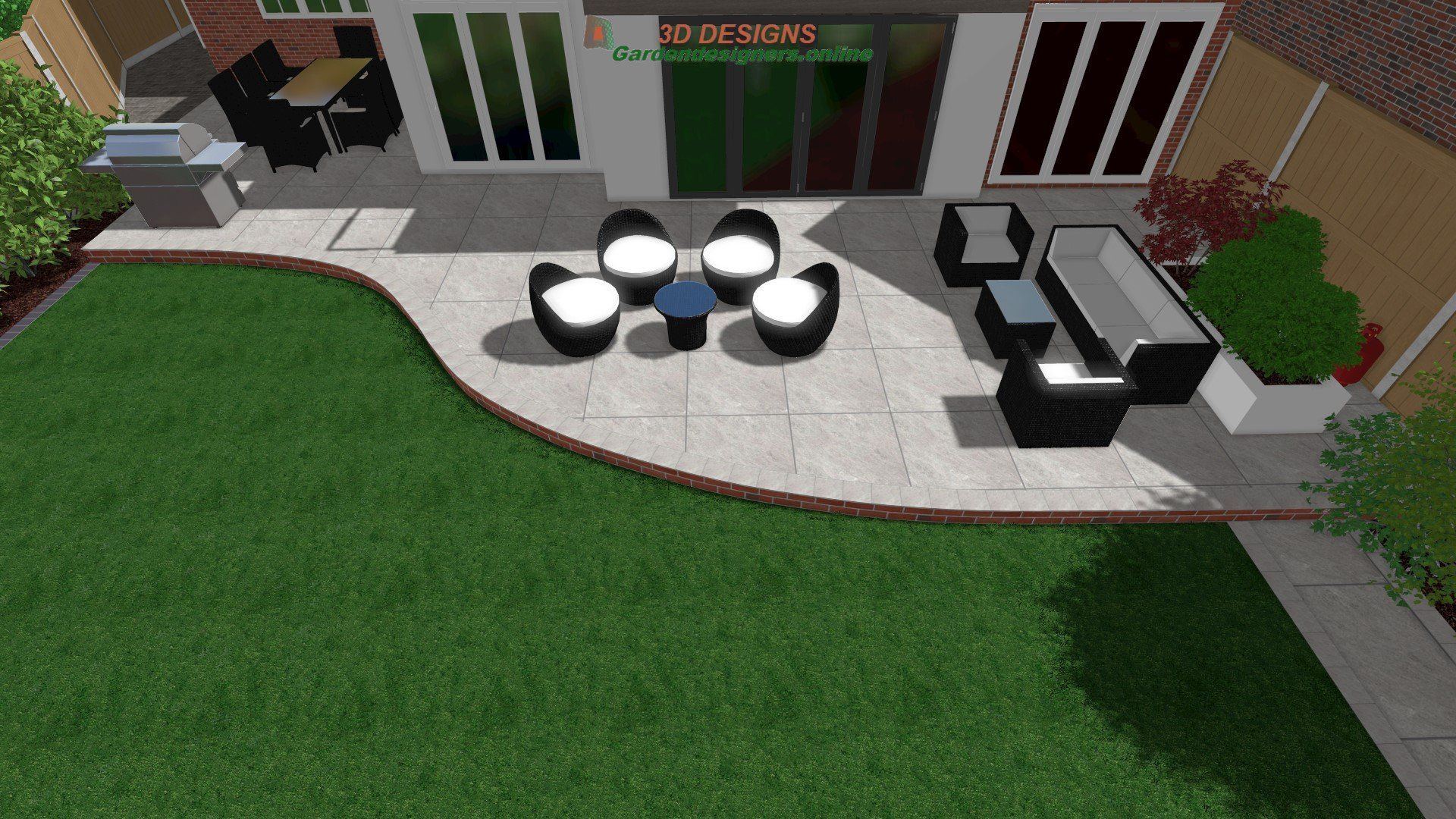 An aerial view of a backyard with a patio and furniture