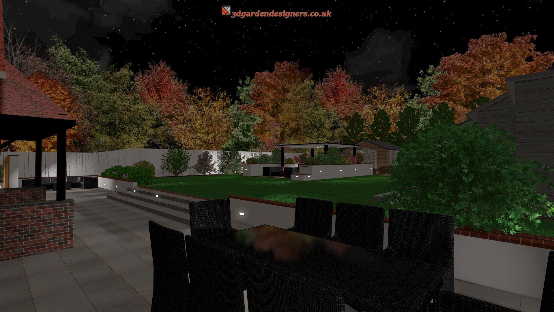 A computer generated image of a backyard at night with a dining table and chairs.