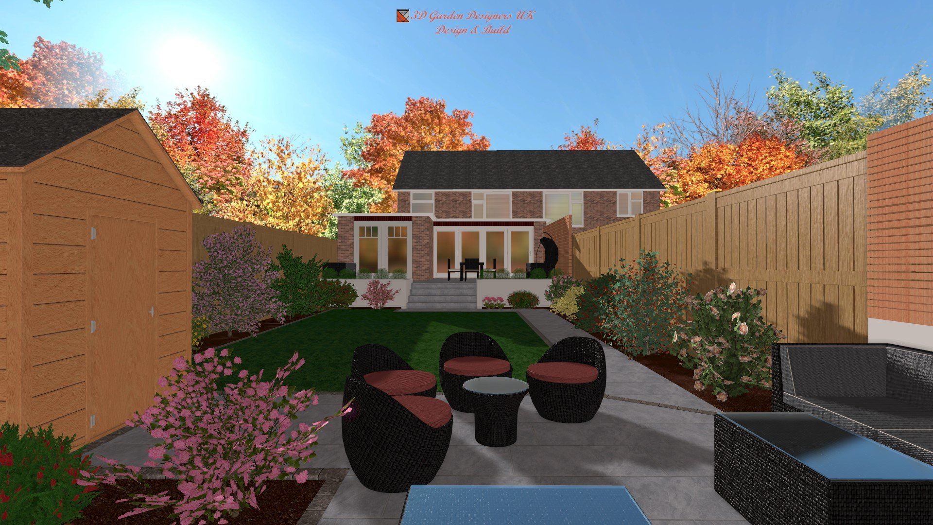 A computer generated image of a backyard with a house in the background