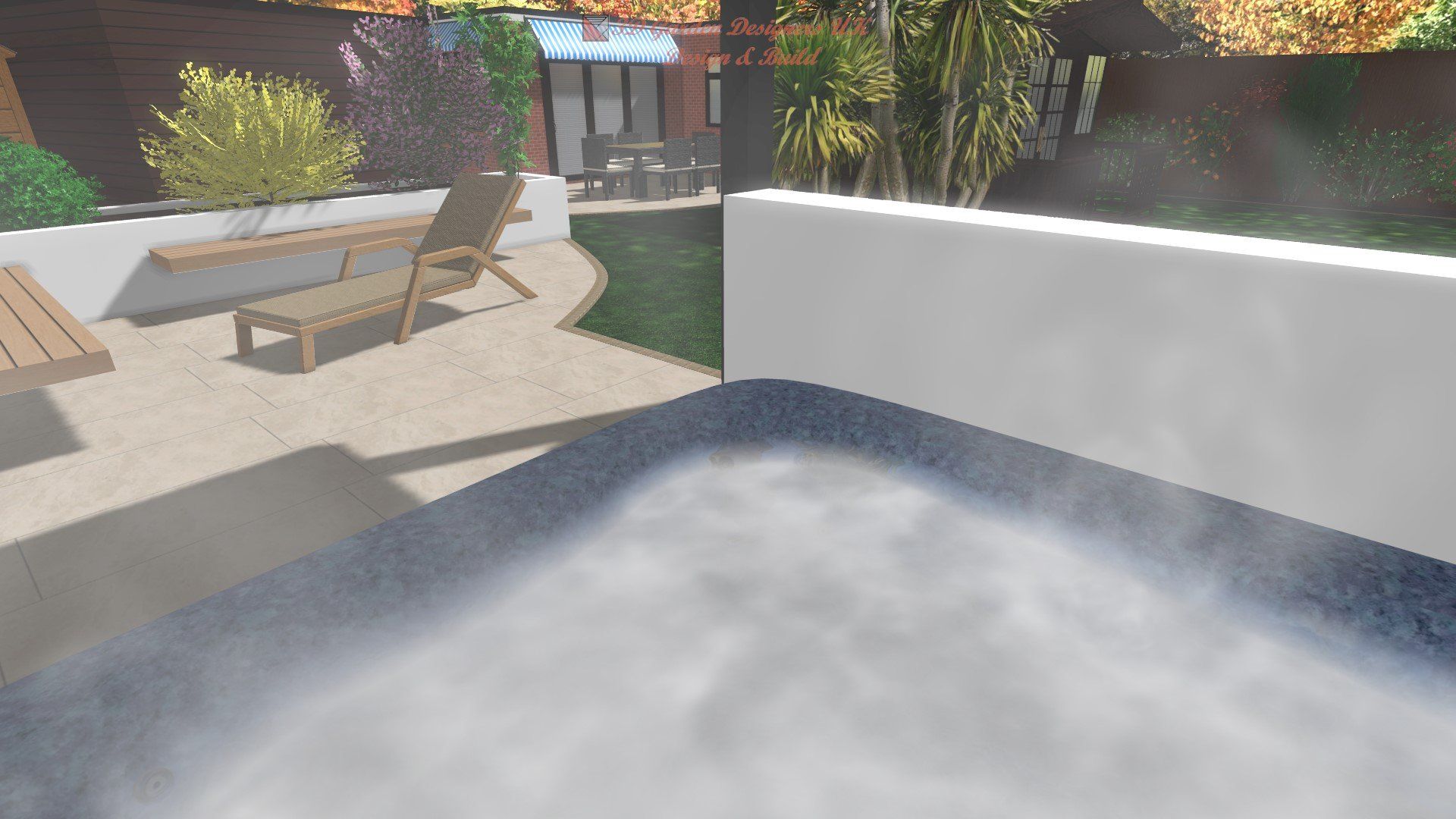 A computer generated image of a hot tub in a backyard.