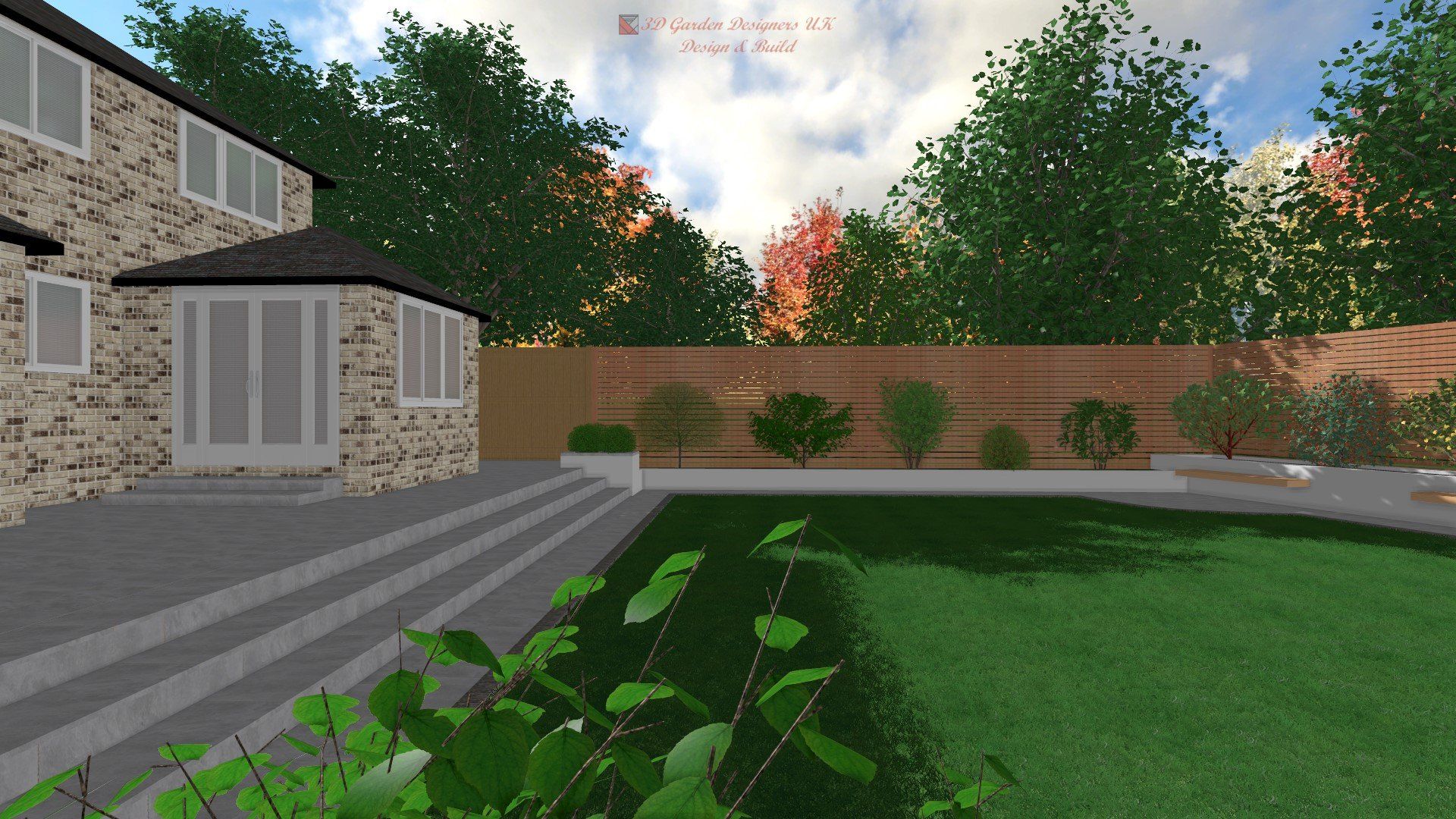 A computer generated image of a house with a large lawn in front of it