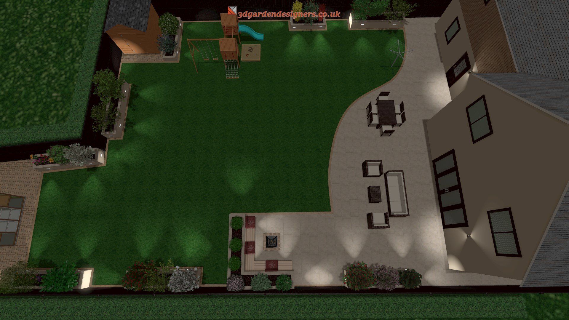 An aerial view of a backyard at night with a house in the background.