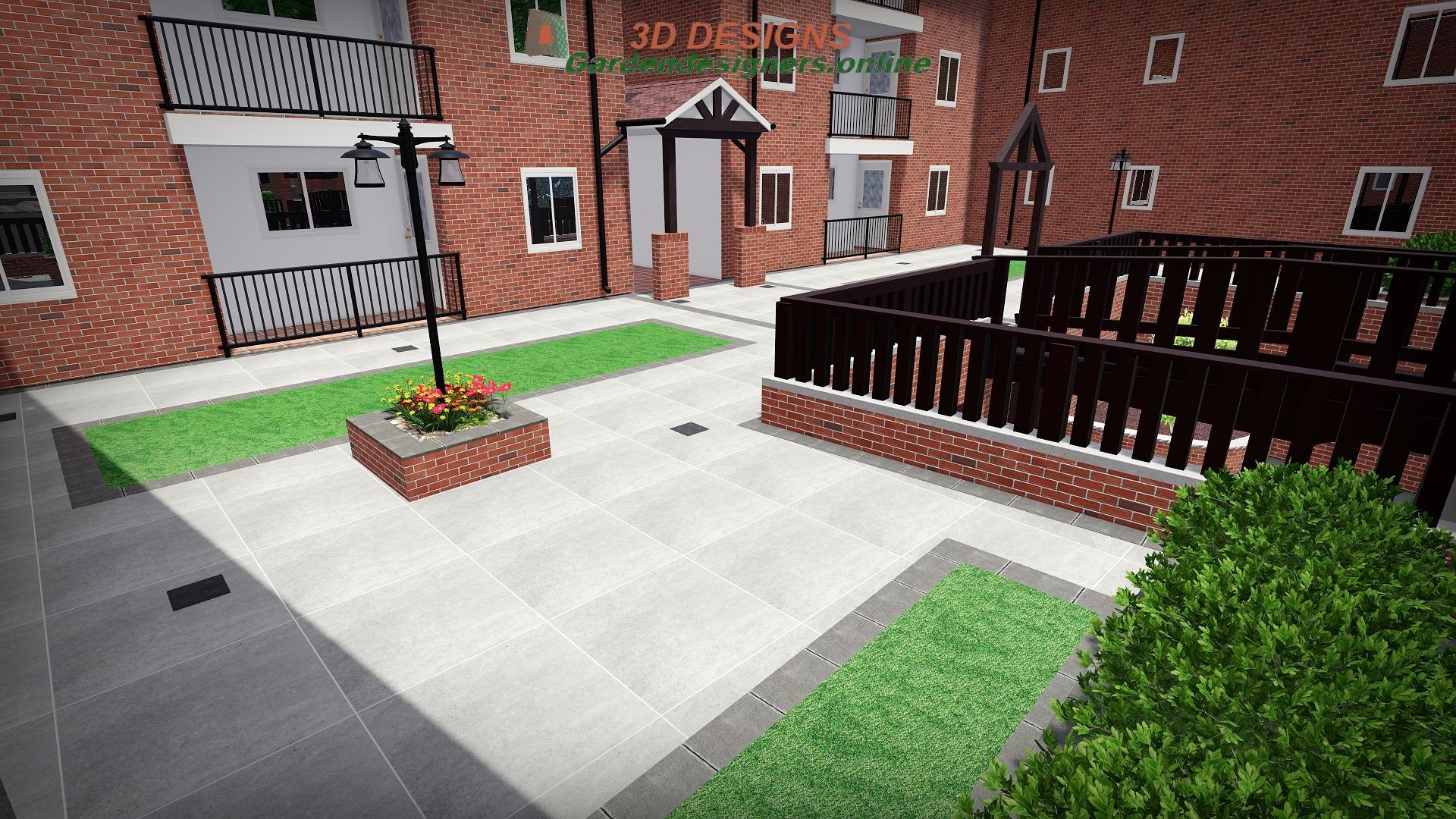 A computer generated image of a brick building with a patio in front of it.