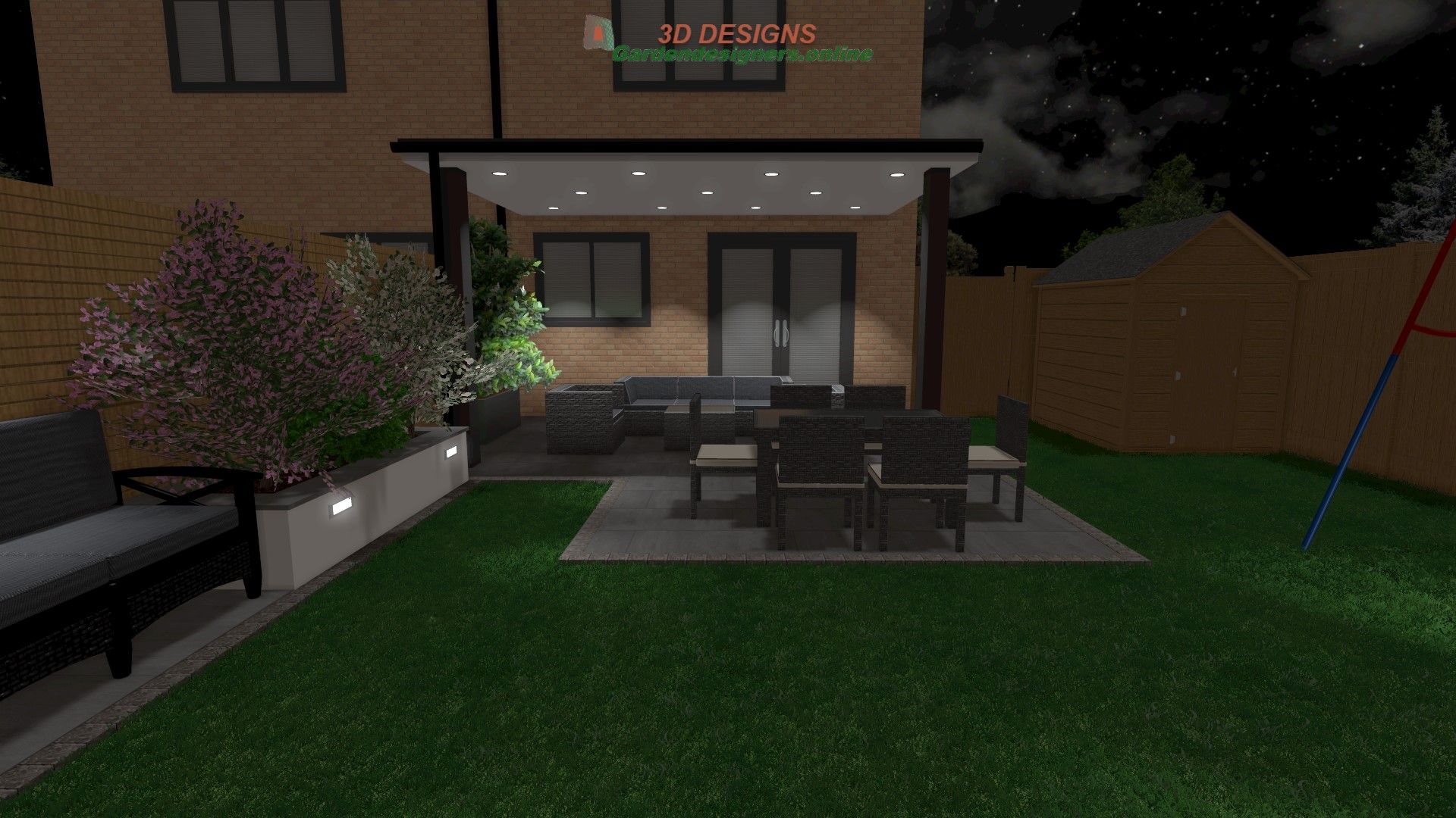 A backyard with a table and chairs in front of a house.