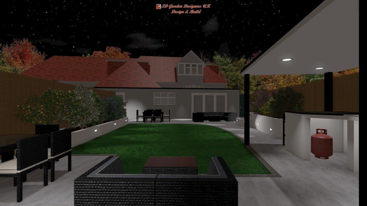 A computer generated image of a backyard at night