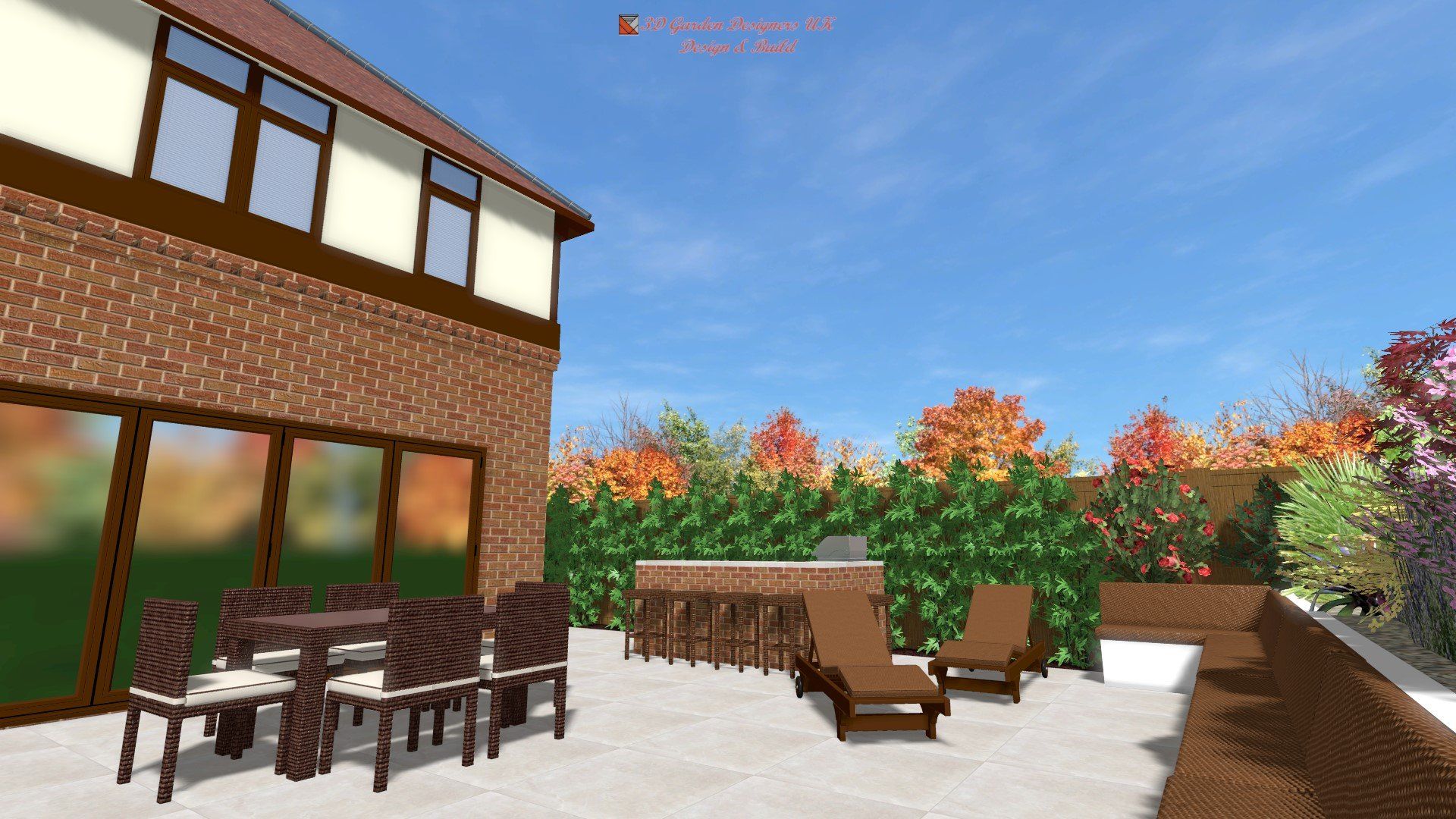 A computer generated image of a patio with a table and chairs