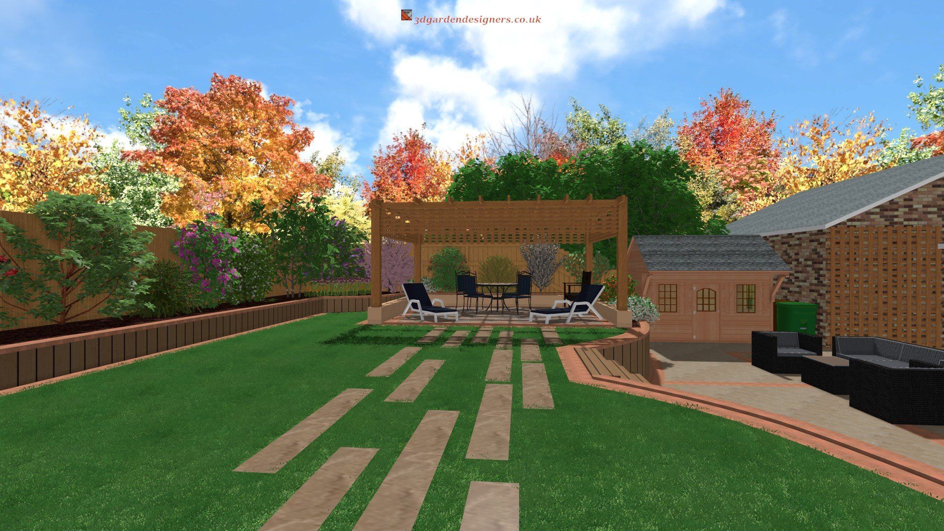 A computer generated image of a backyard with a pergola and patio.