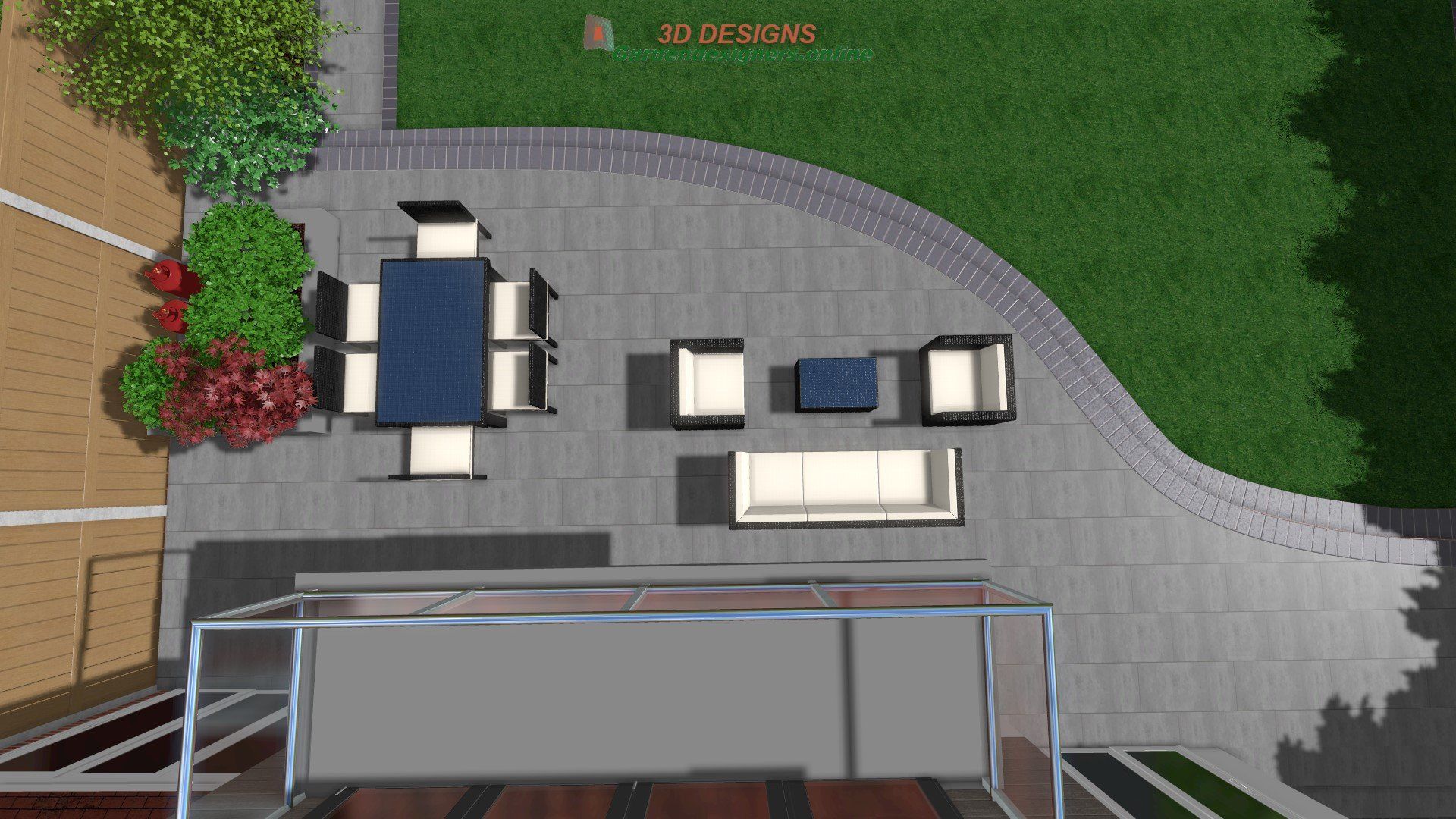 An aerial view of a patio with a table and chairs