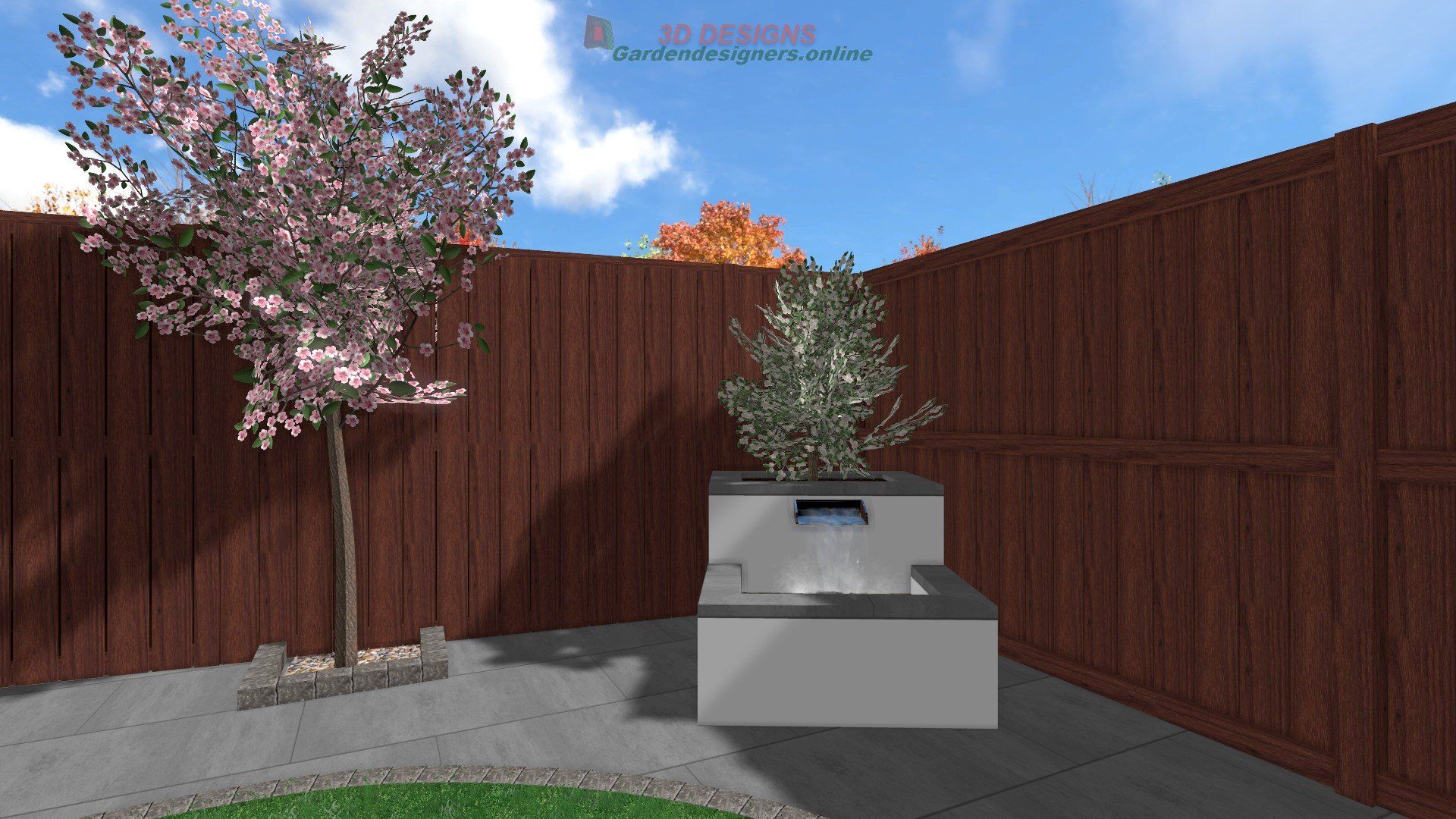 A computer generated image of a backyard with a fence and a tree