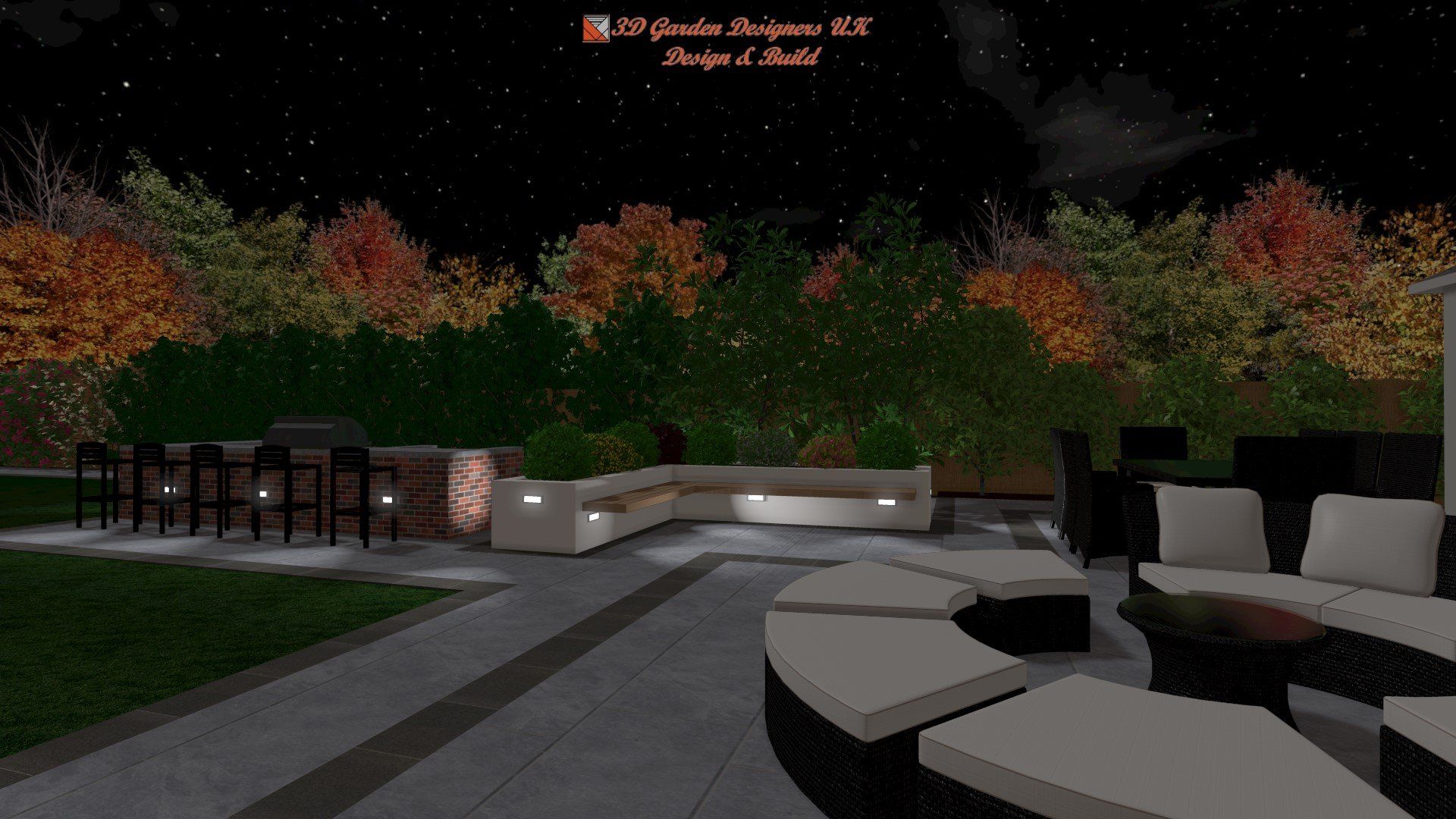 A computer generated image of a patio at night