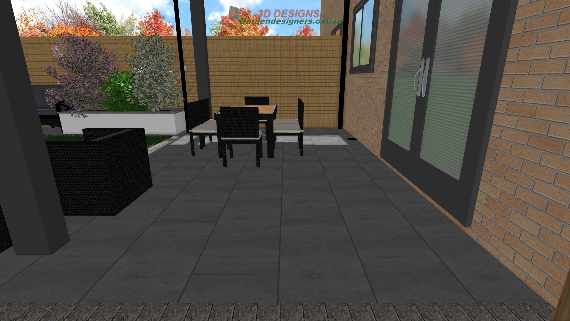 A computer generated image of a patio with a table and chairs