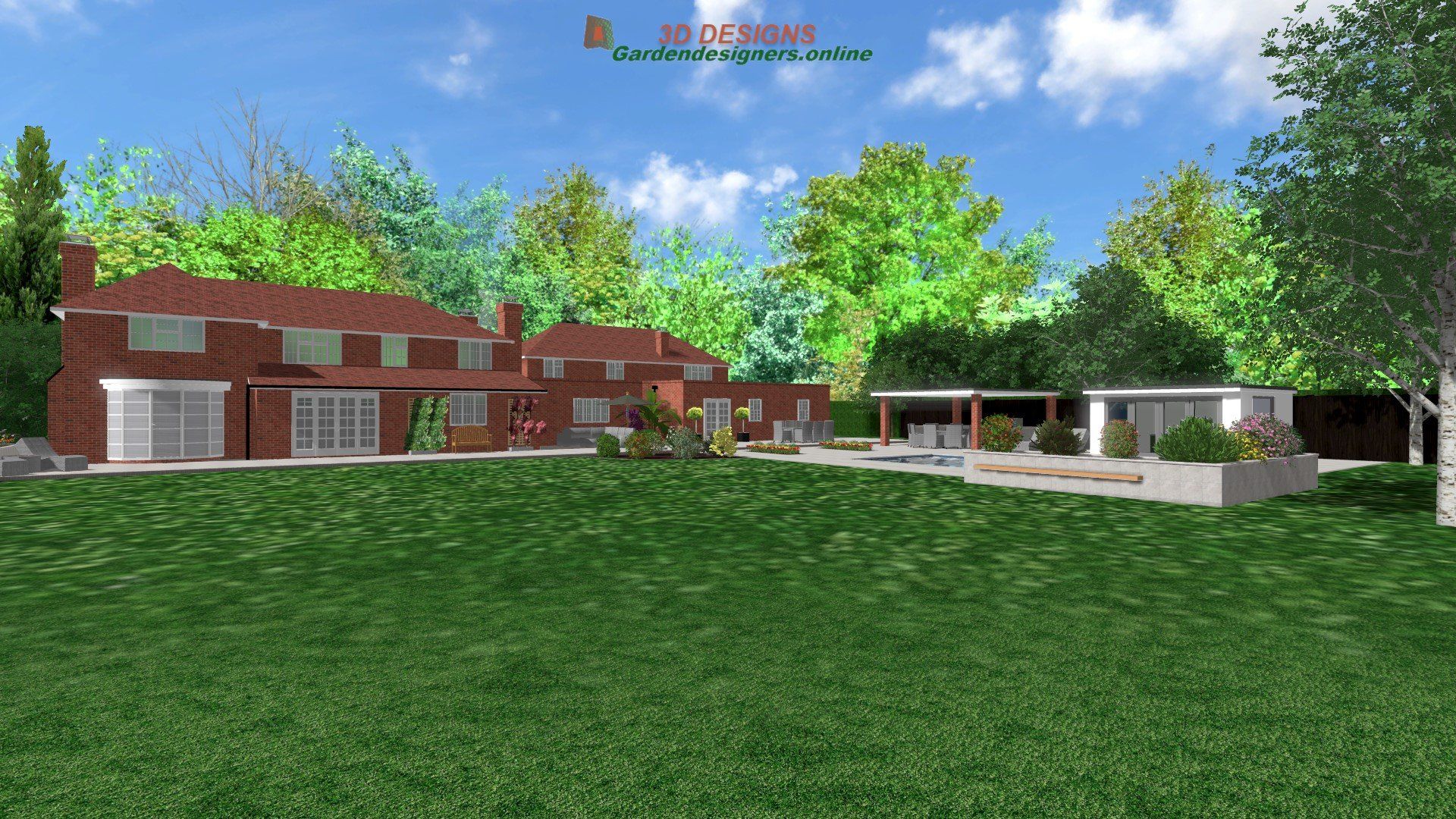 An artist 's impression of a house with a large lawn in front of it