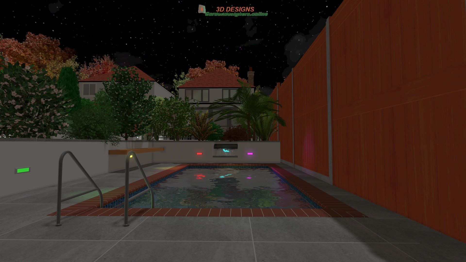 A computer generated image of a swimming pool at night.