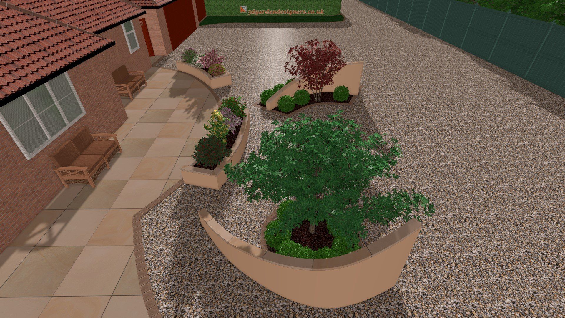 A computer generated image of a garden with a brick building in the background.