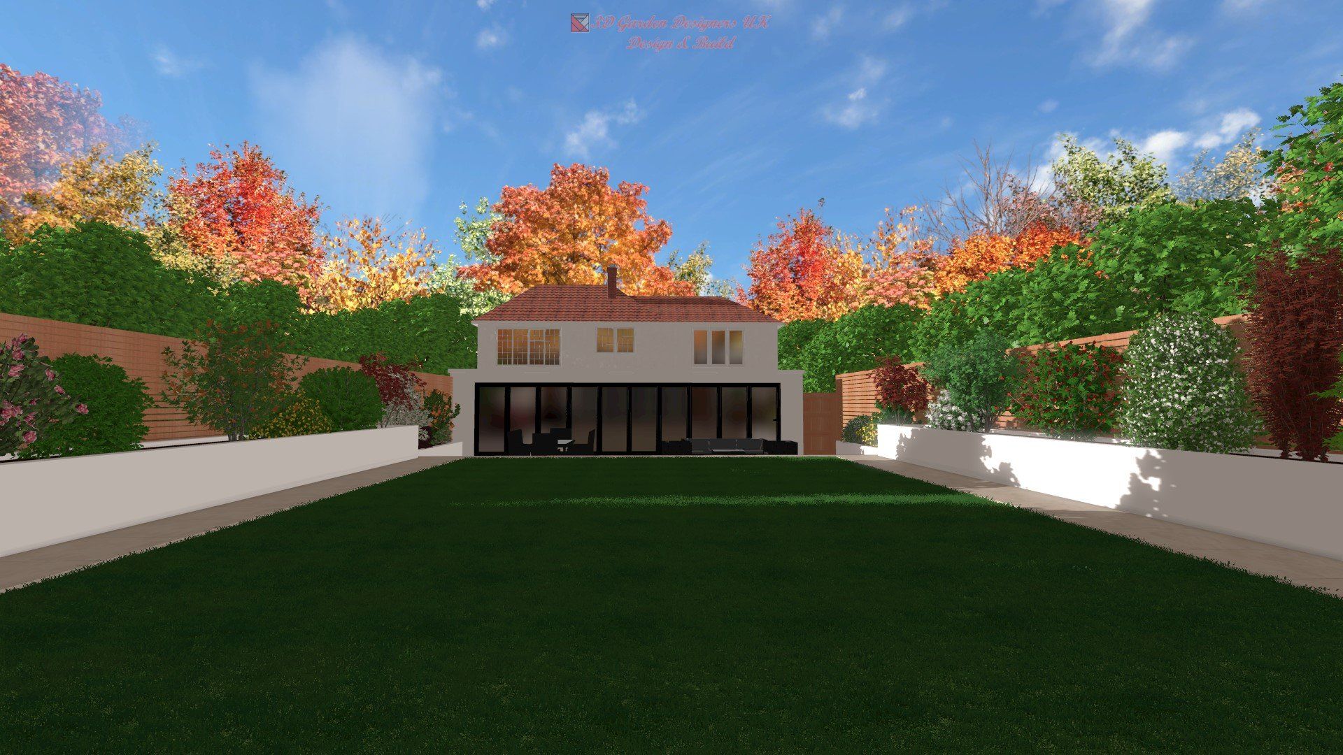 A computer generated image of a house with a large lawn in front of it.