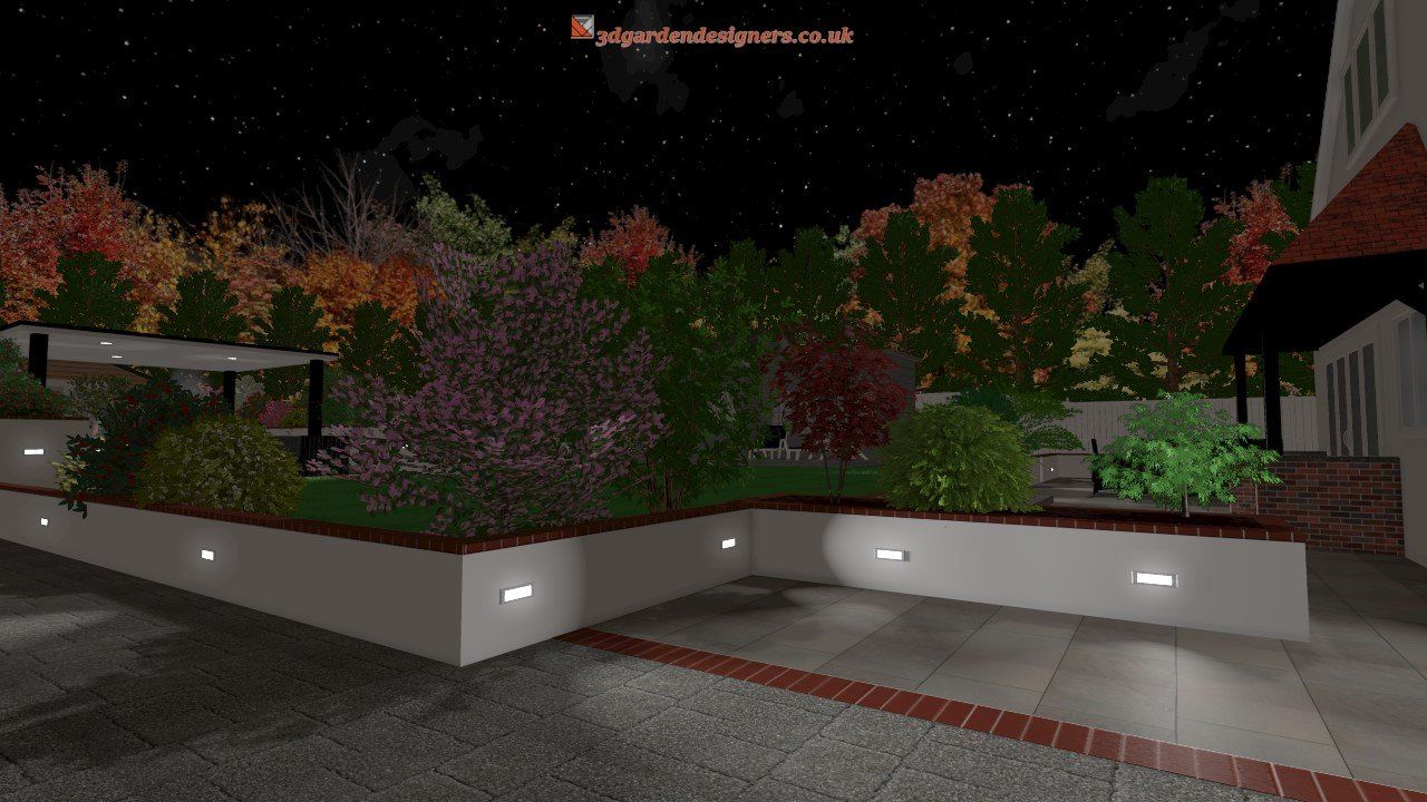 A computer generated image of a garden at night.