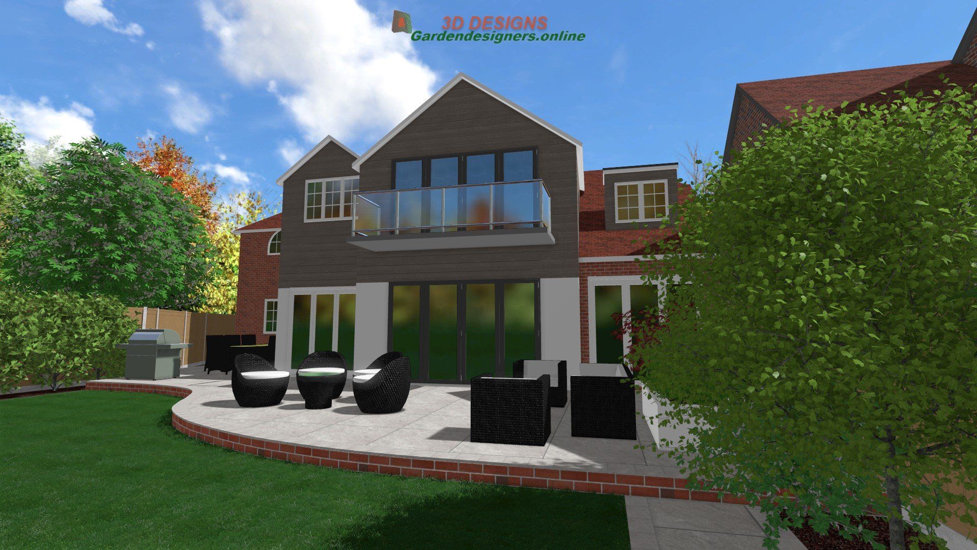 A computer generated image of a house with a patio in front of it