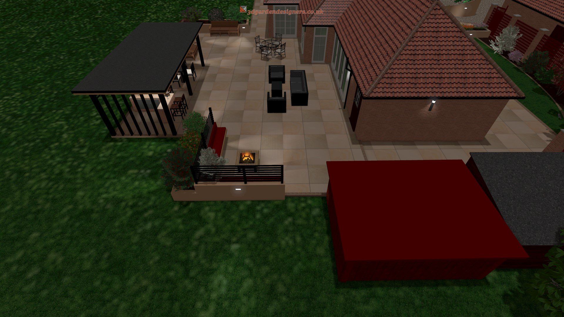 An aerial view of a house with a patio and a fire pit.