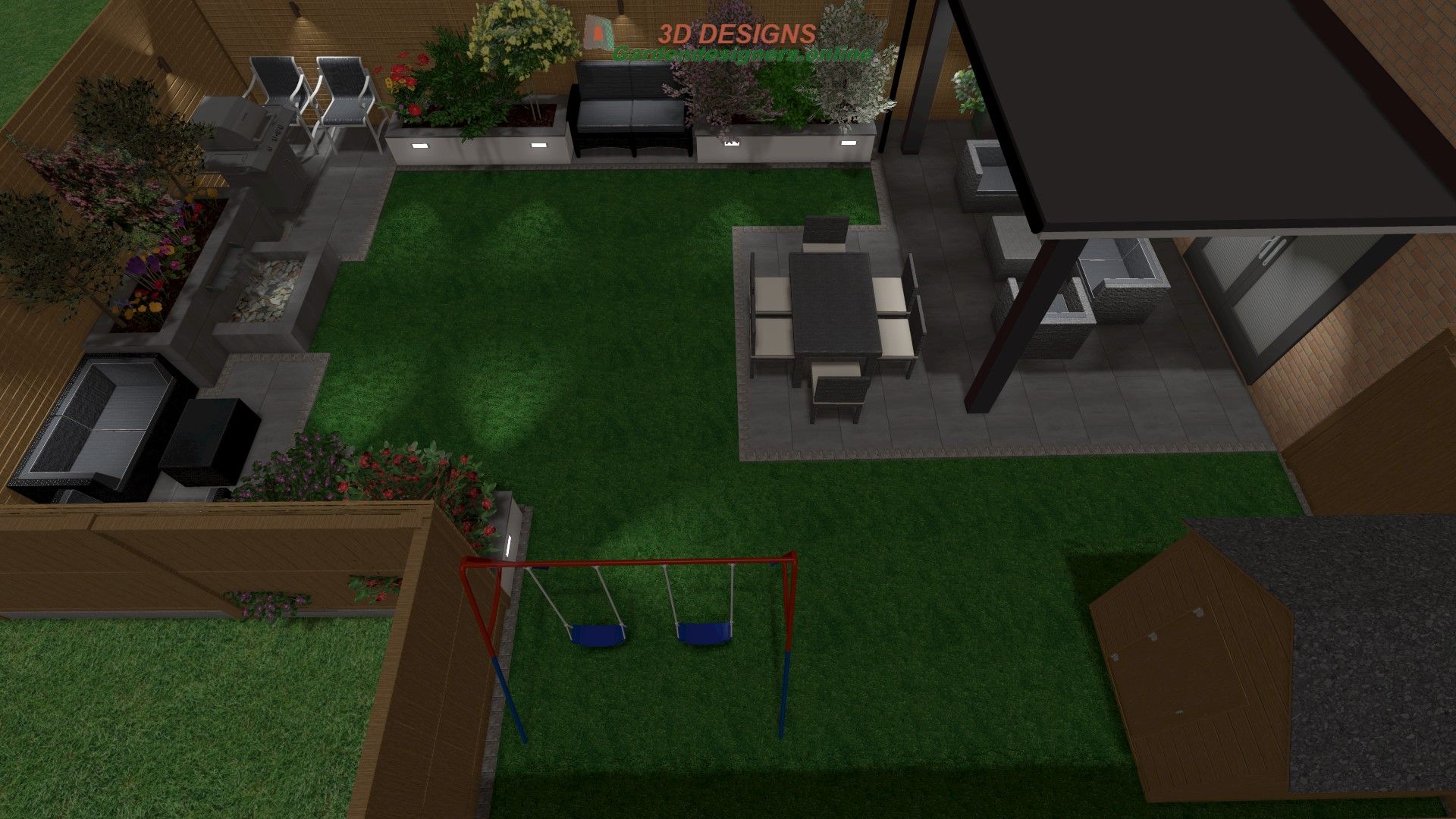 An aerial view of a backyard with a swing set , table and chairs.