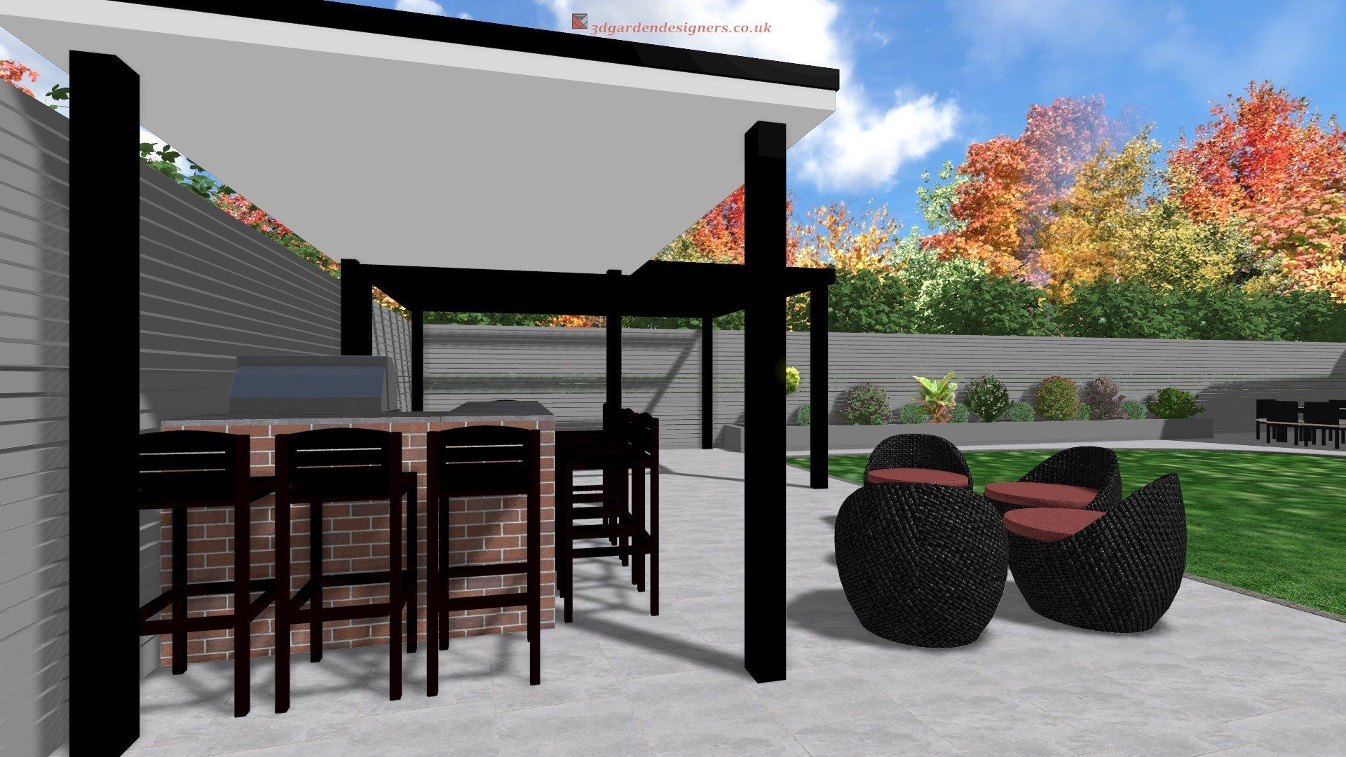 A computer generated image of a patio with a bar and chairs
