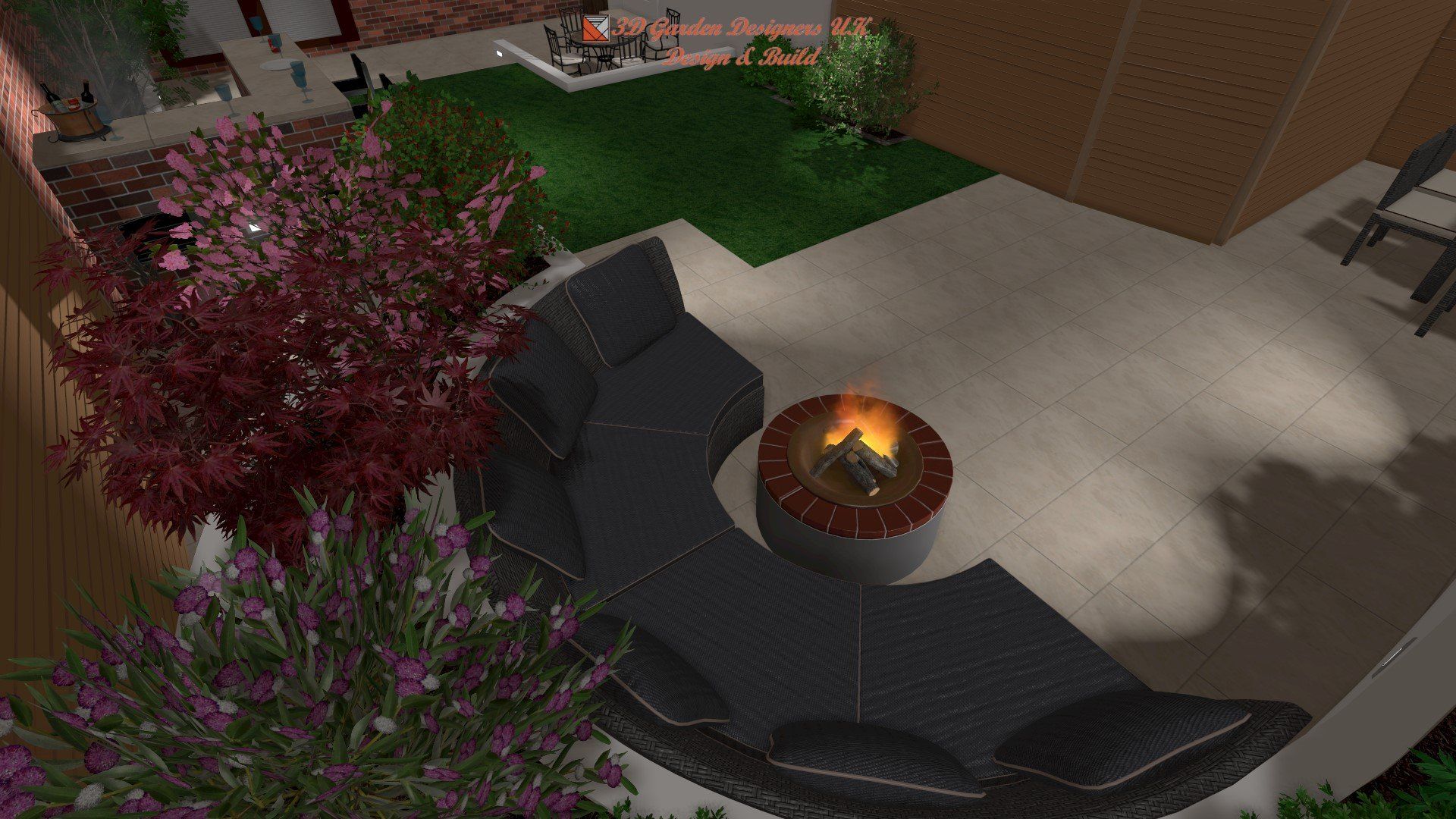 There is a fire pit in the middle of the patio.