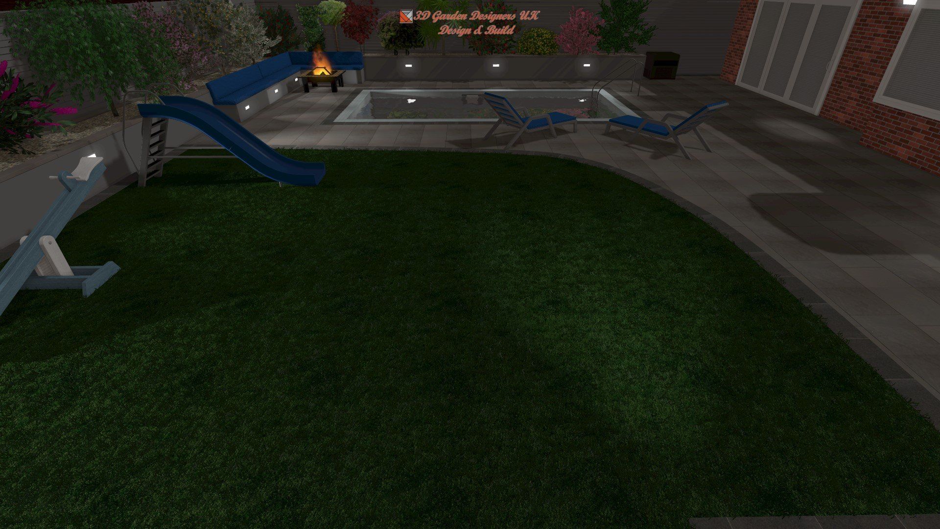 A computer generated image of a backyard with a swimming pool and a slide.