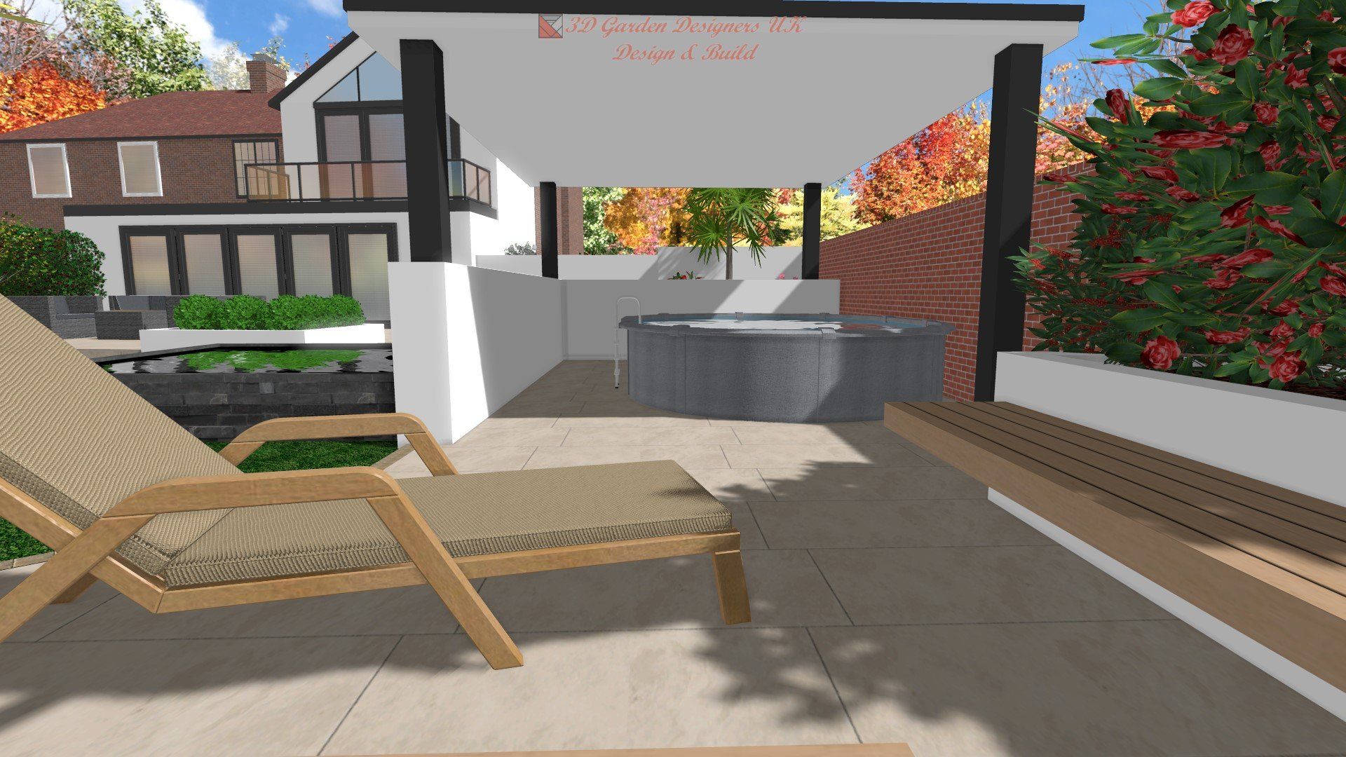 A computer generated image of a patio with lounge chairs and a bench.
