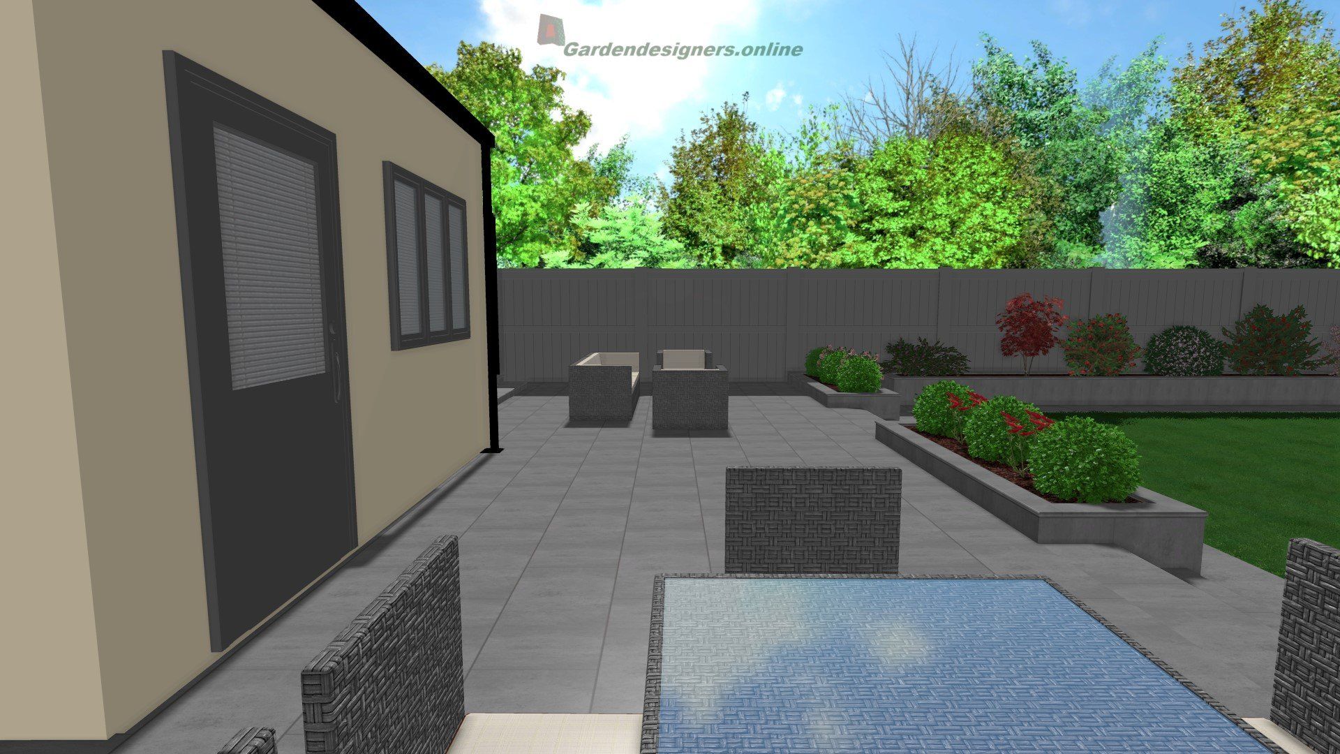 A computer generated image of a backyard with a table and chairs