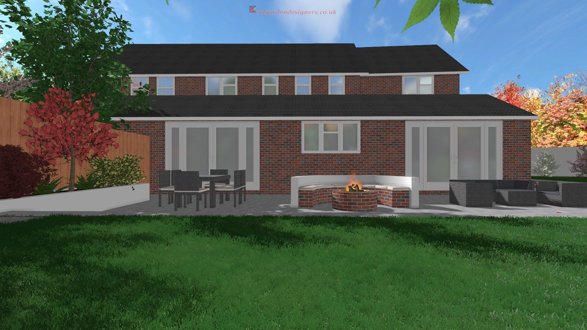 A computer generated image of a brick house with a fire pit in the backyard.