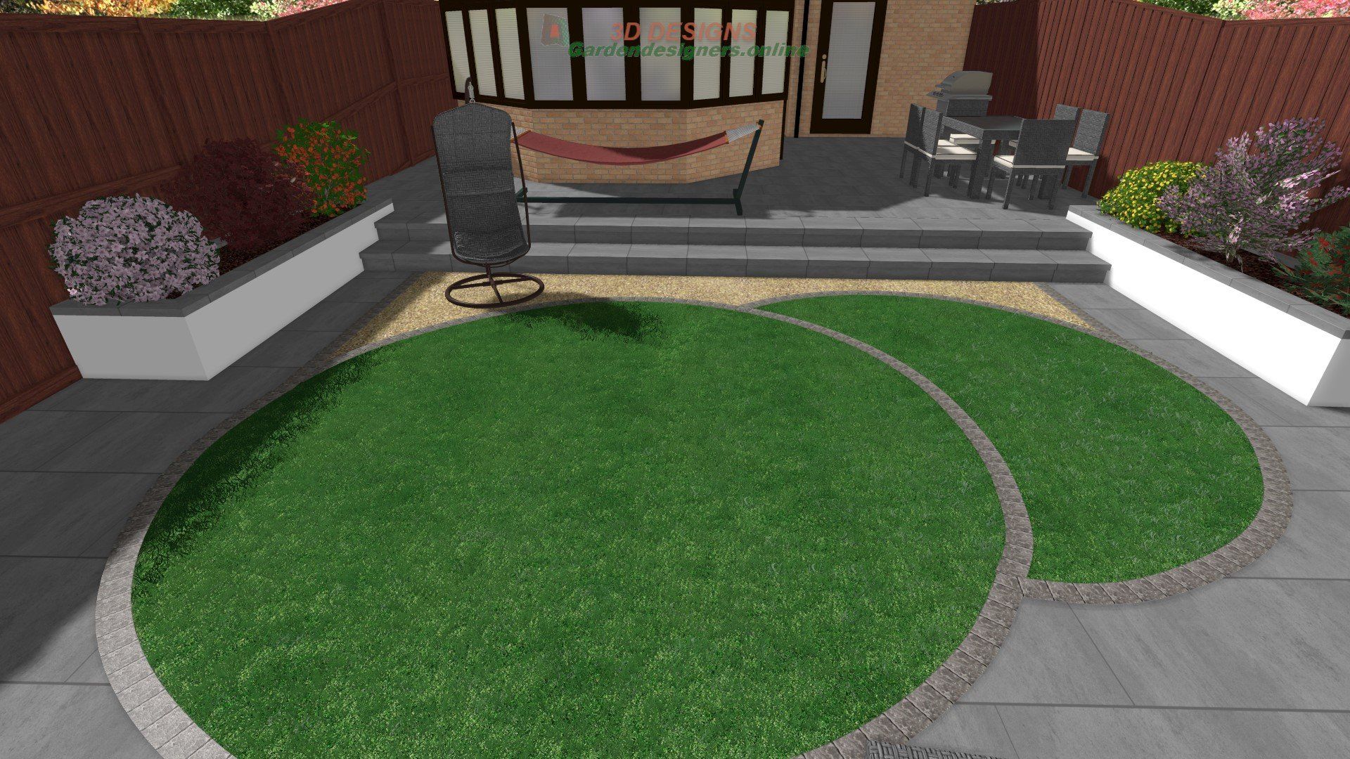 A computer generated image of a backyard with a circular lawn and a hammock.