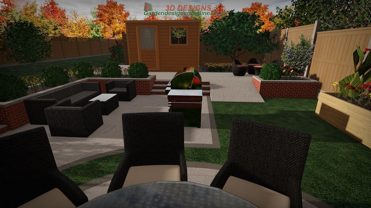 A computer generated image of a backyard with a table and chairs.