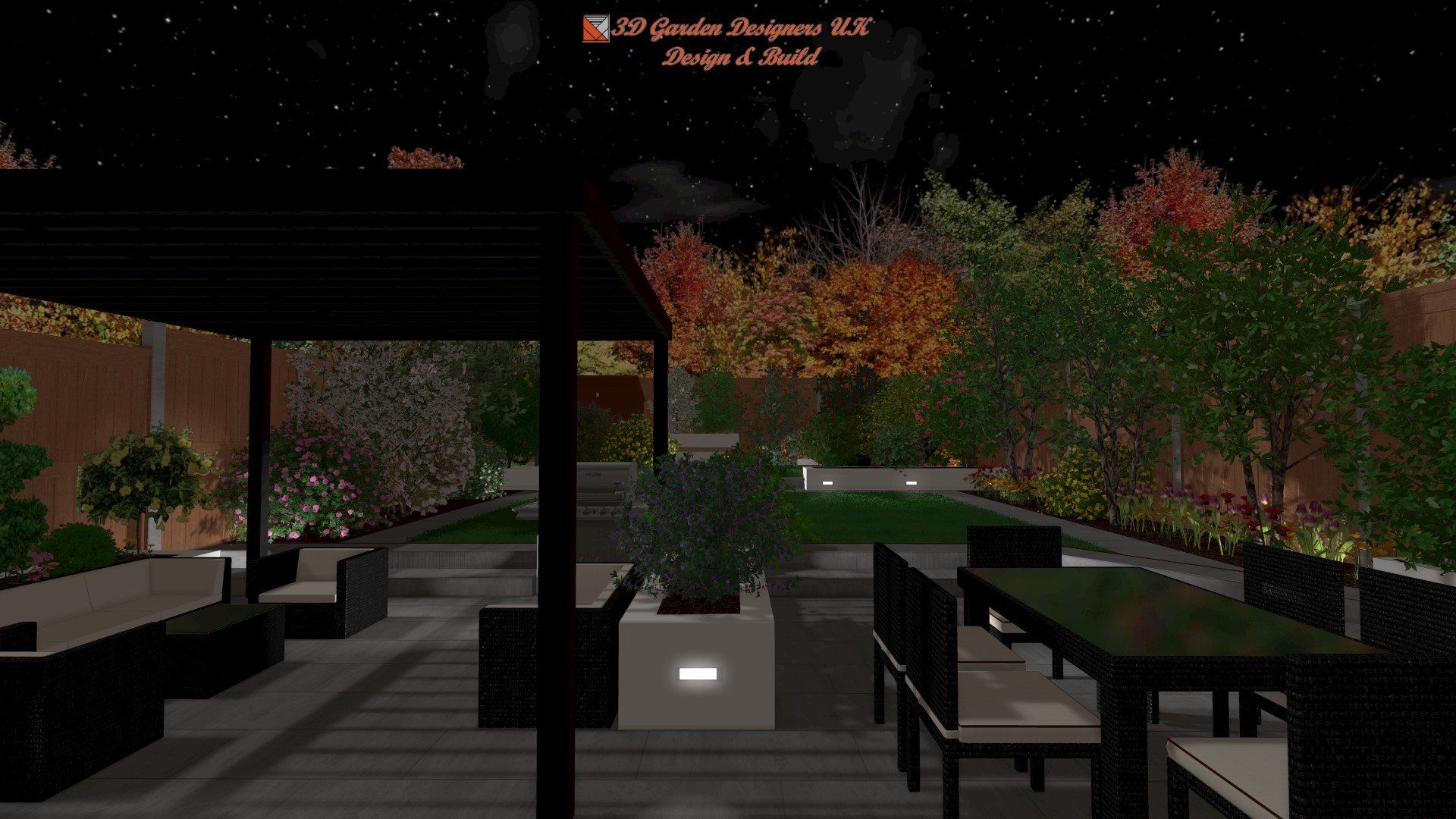 A computer generated image of a patio at night