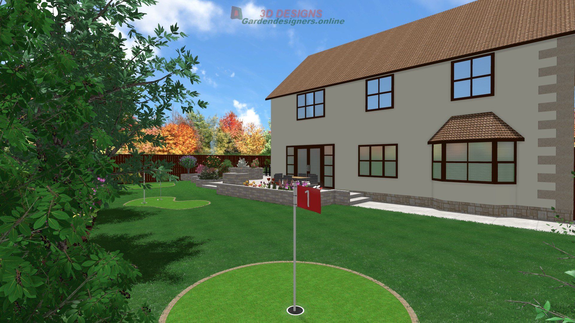 A house with a putting green in front of it