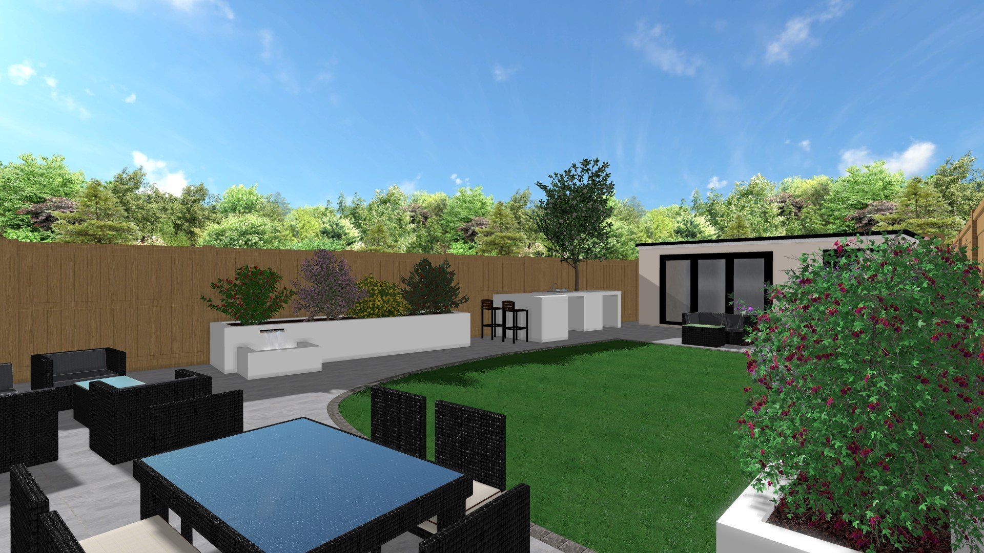 A computer generated image of a backyard with a table and chairs.