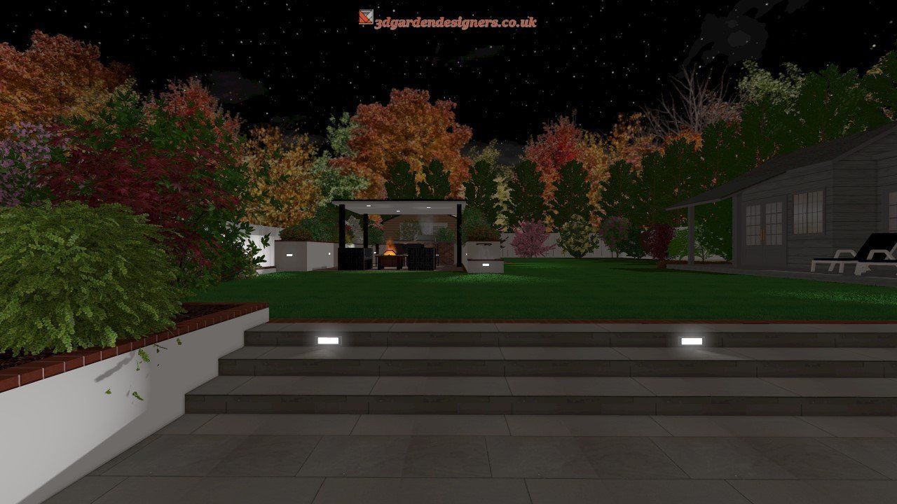 A computer generated image of a backyard at night.