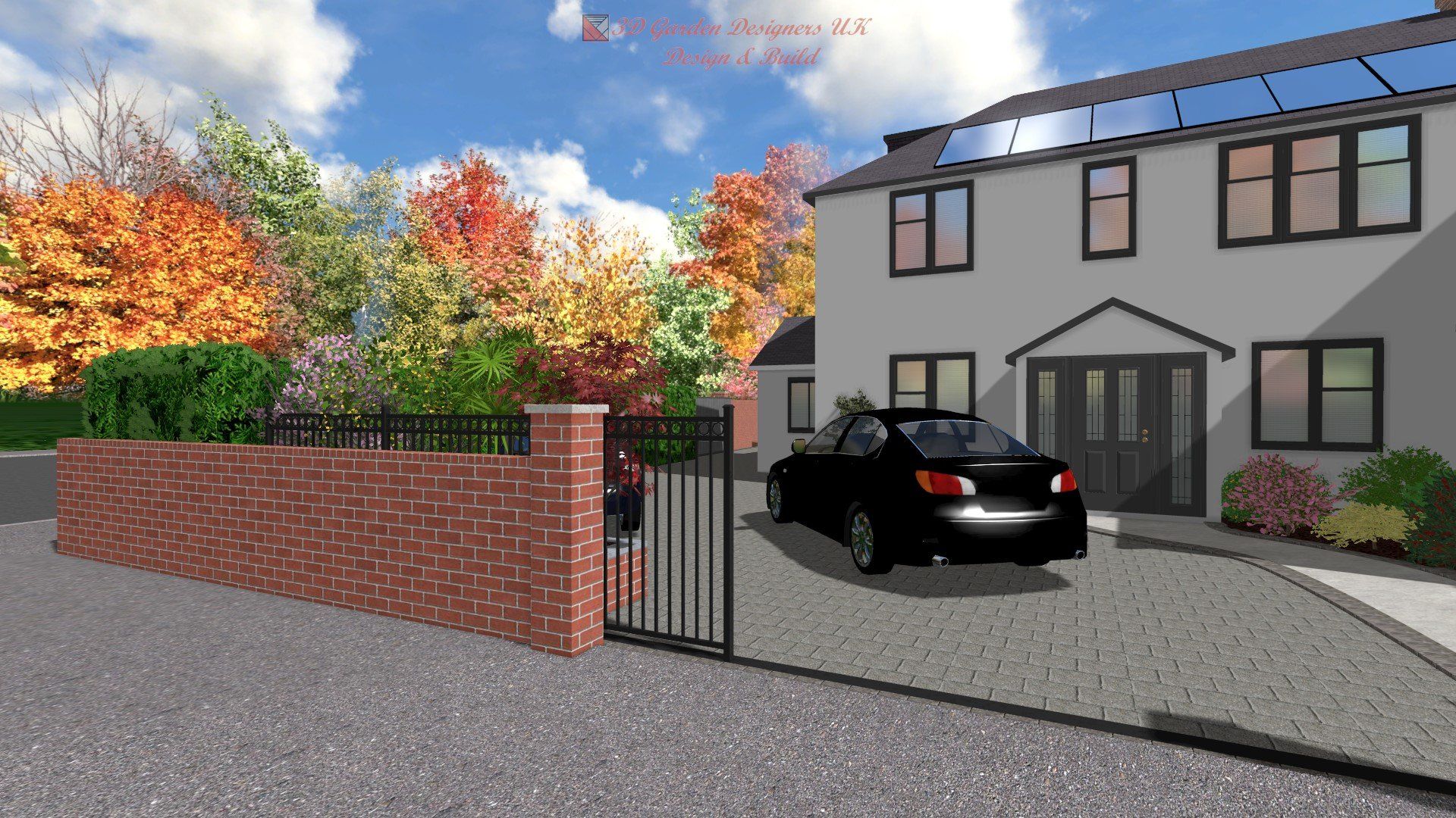 A black car is parked in front of a house