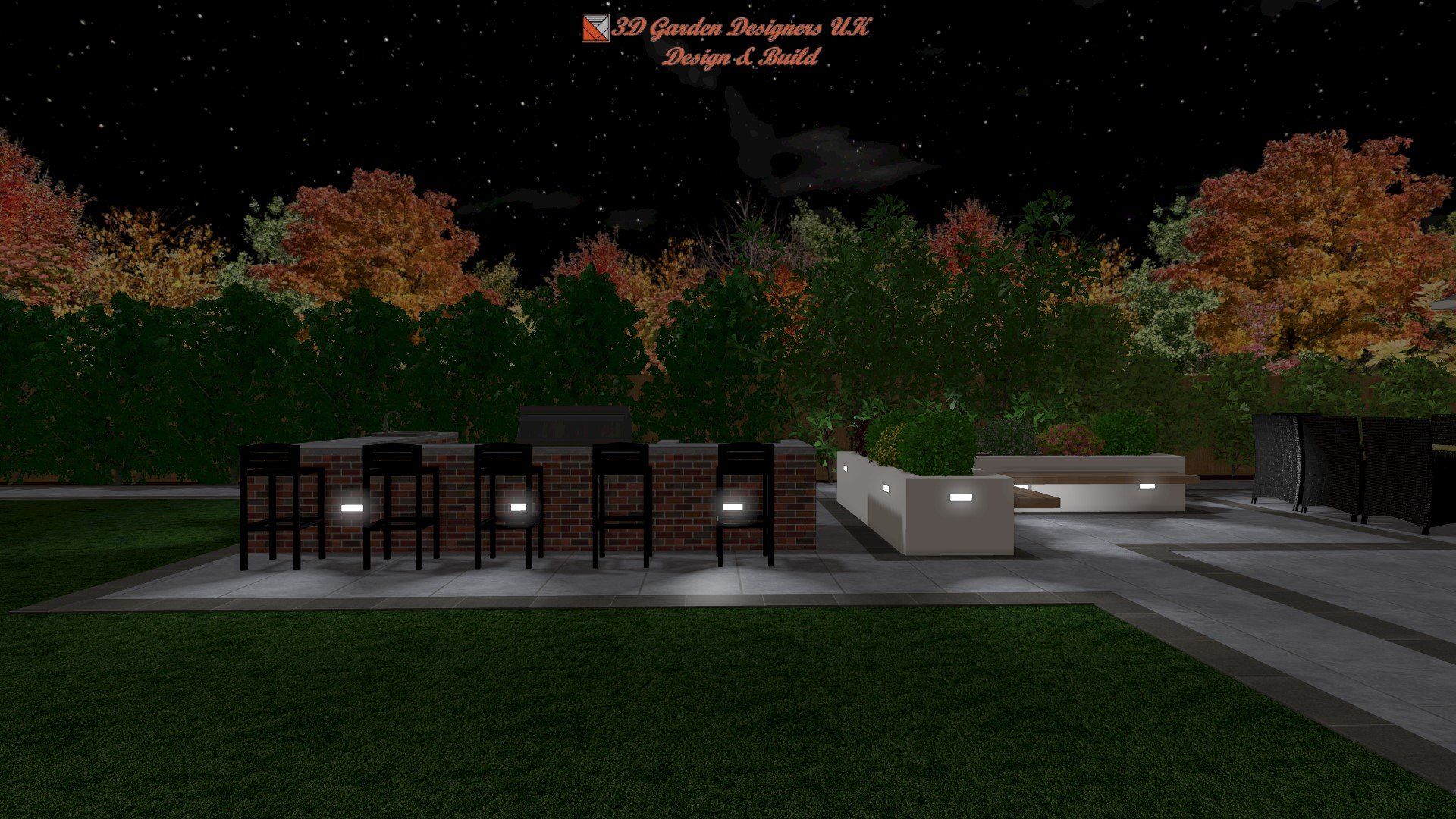 A computer generated image of a backyard at night